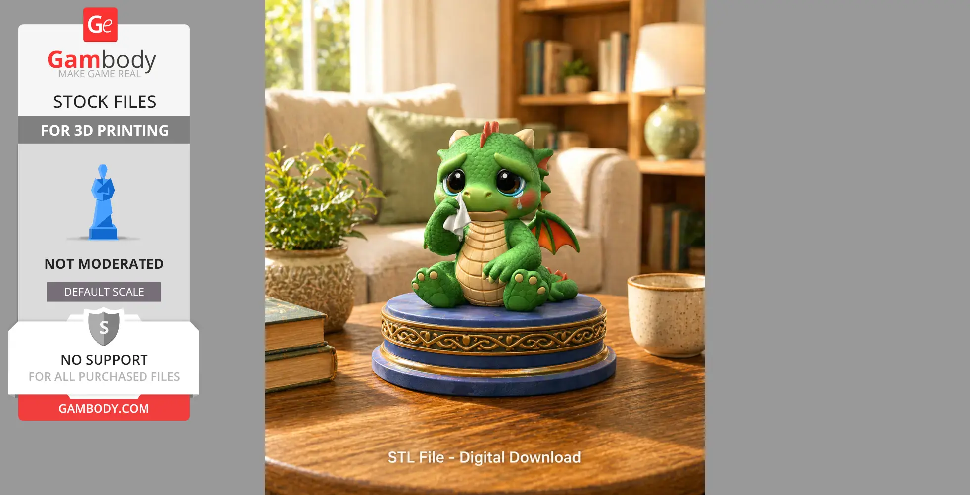A cute, crying baby dragon figurine holding a tissue, sitting on a decorative pedestal.