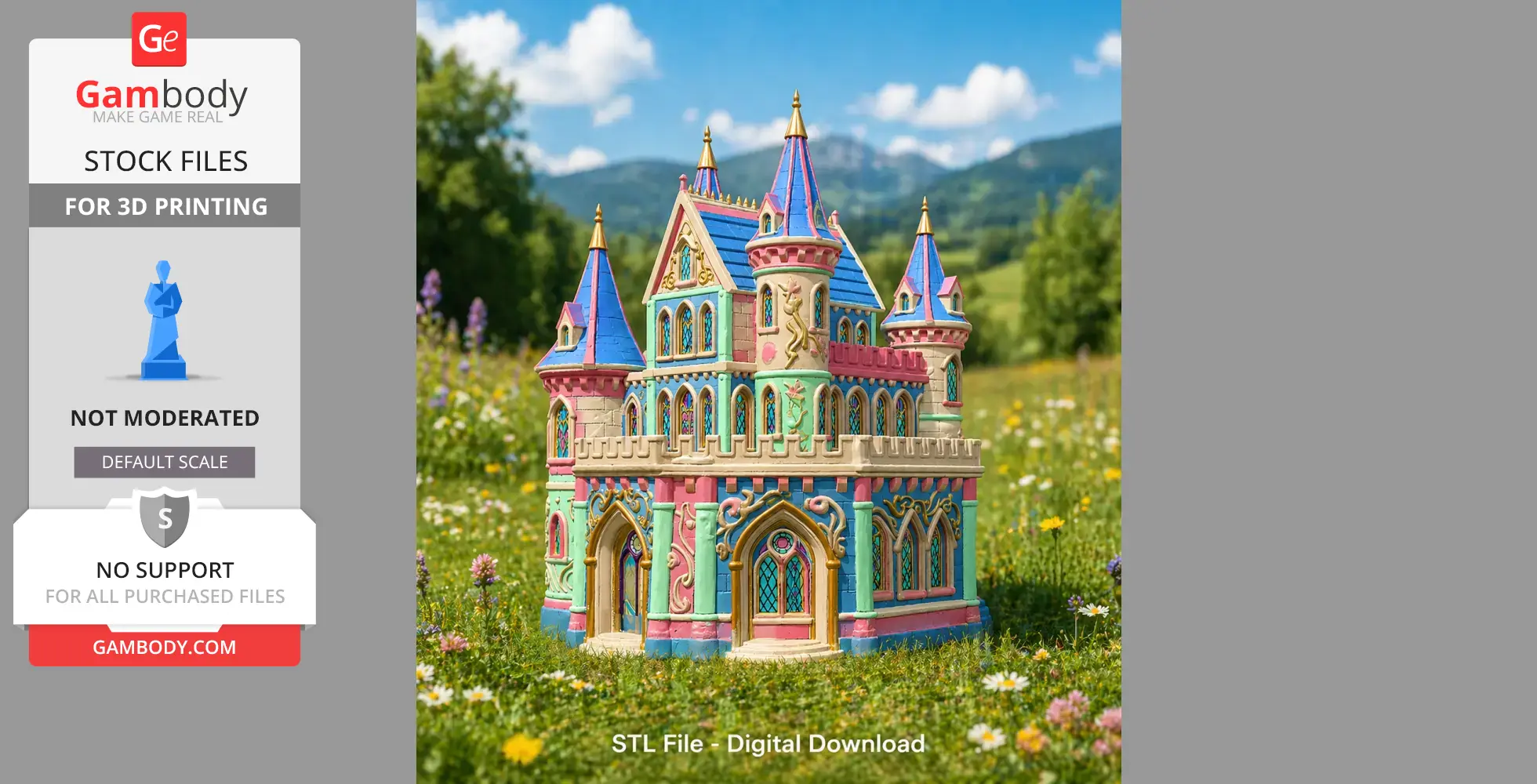 Colorful fantasy princess castle model with turrets and arches on a grassy field.