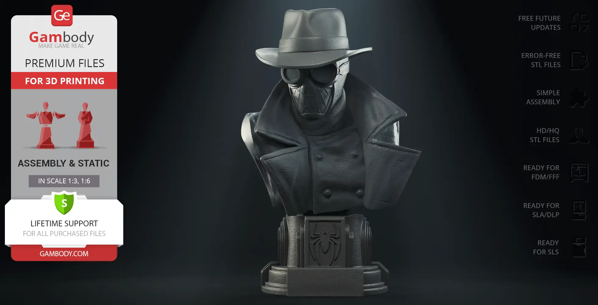 Bust of Spider-Man Noir in a trench coat and fedora, designed for 3D printing.