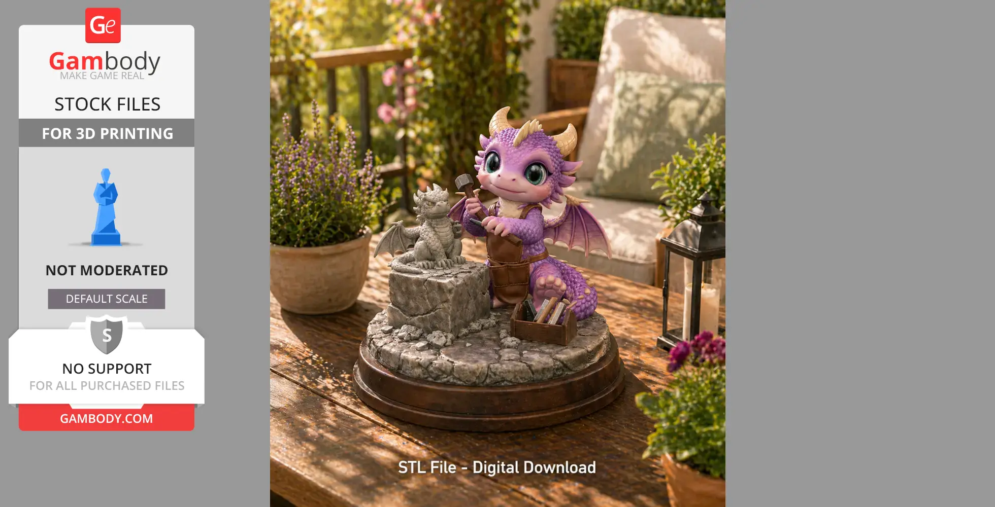 Purple dragon sculpting a small statue on a stone base in a garden setting.