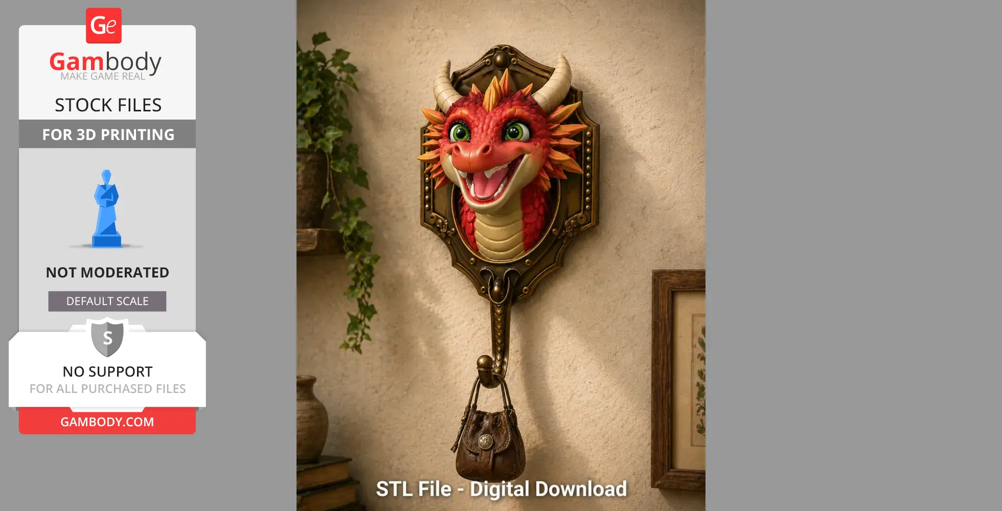 A red dragon head wall mount with a hook below, holding a small pouch.