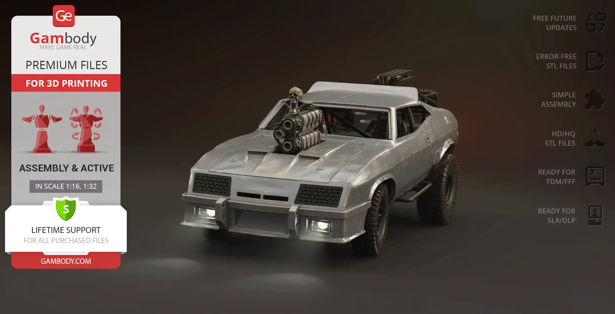 Futuristic armored car with a mounted engine and skull detail on the hood, ready for 3D printing.