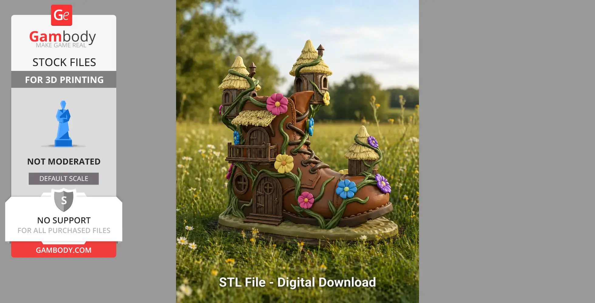 A whimsical boot-shaped house adorned with colorful flowers and vines, set in a grassy field.