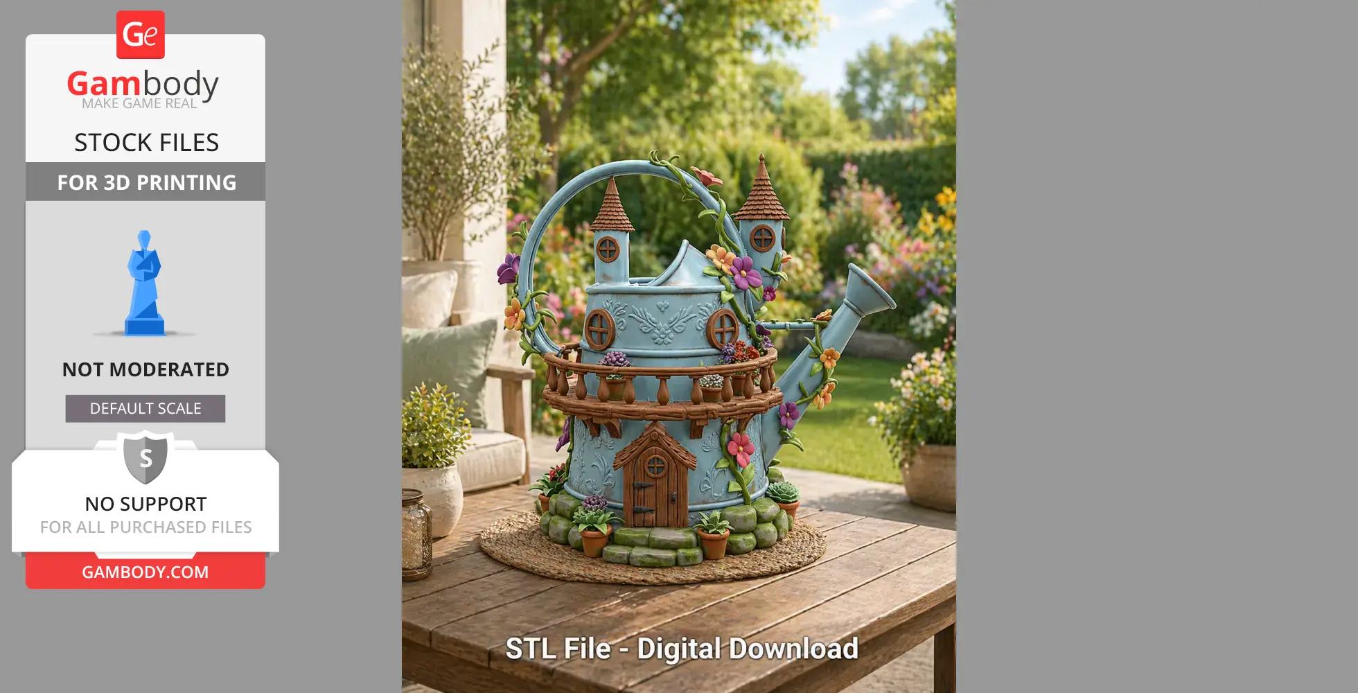 A whimsical house shaped like a watering can, adorned with flowers and small turrets, set outdoors.