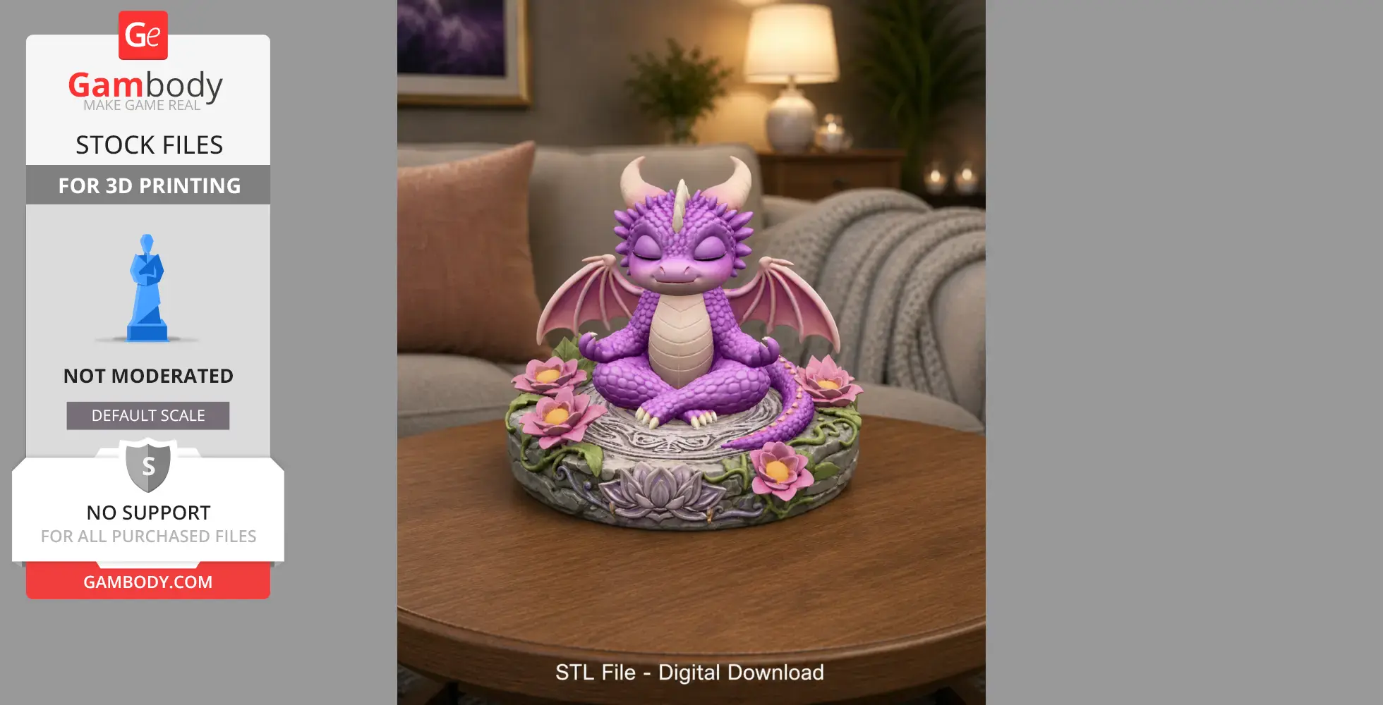 Purple baby dragon meditating on a lotus-decorated base, surrounded by pink flowers.