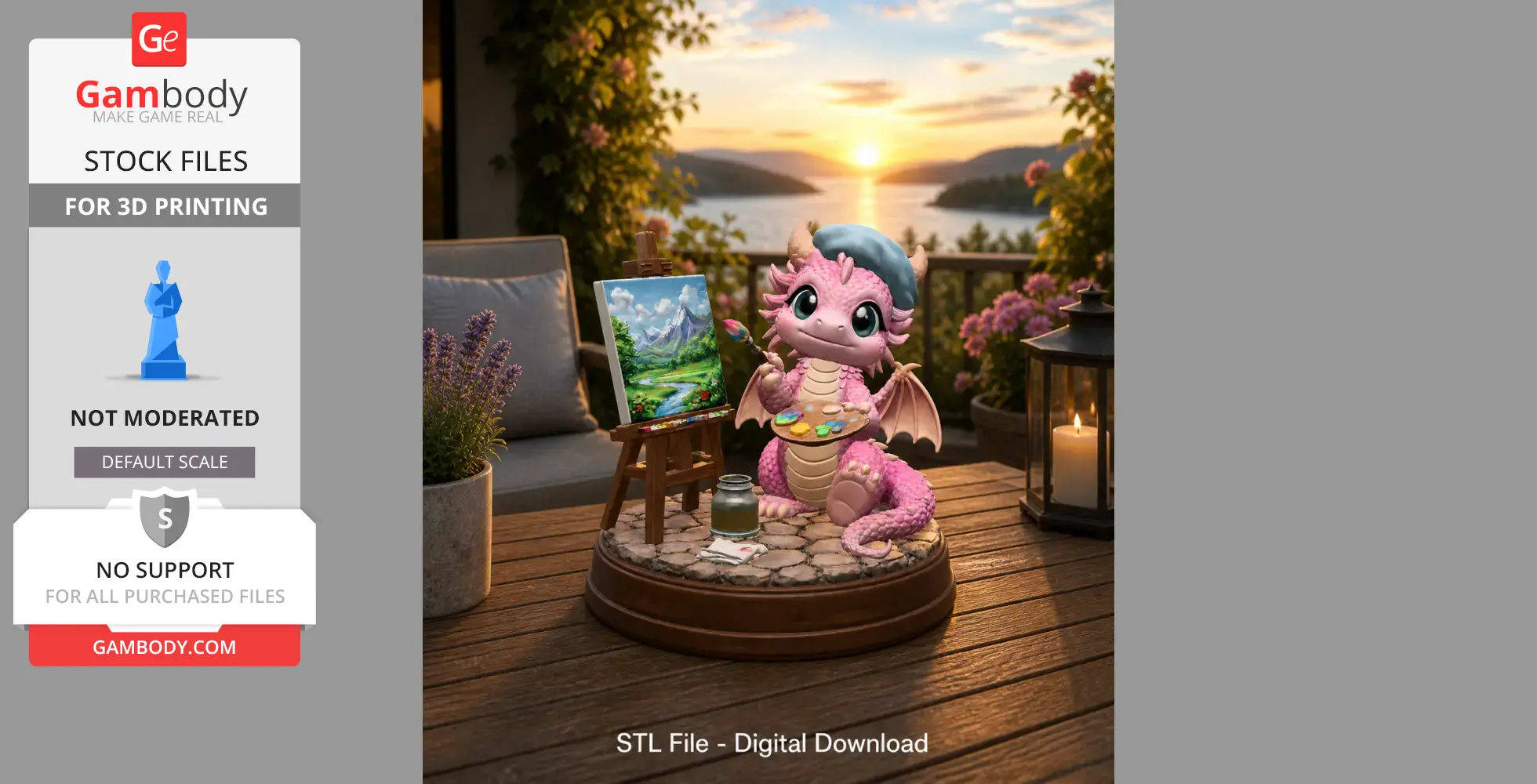 A cute pink dragon with a beret, painting a scenic landscape on a canvas at sunset.