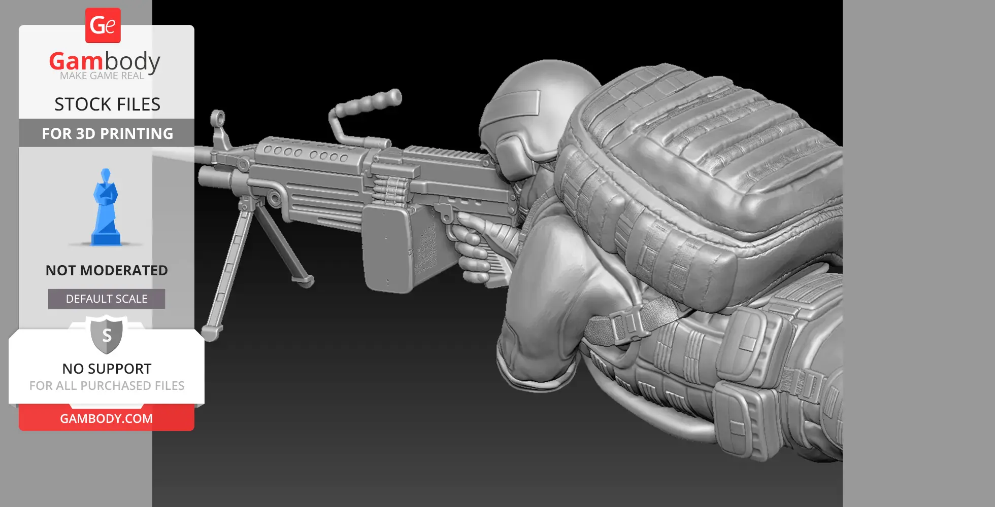 A detailed 3D model of a US soldier lying prone, aiming an M249 machine gun.