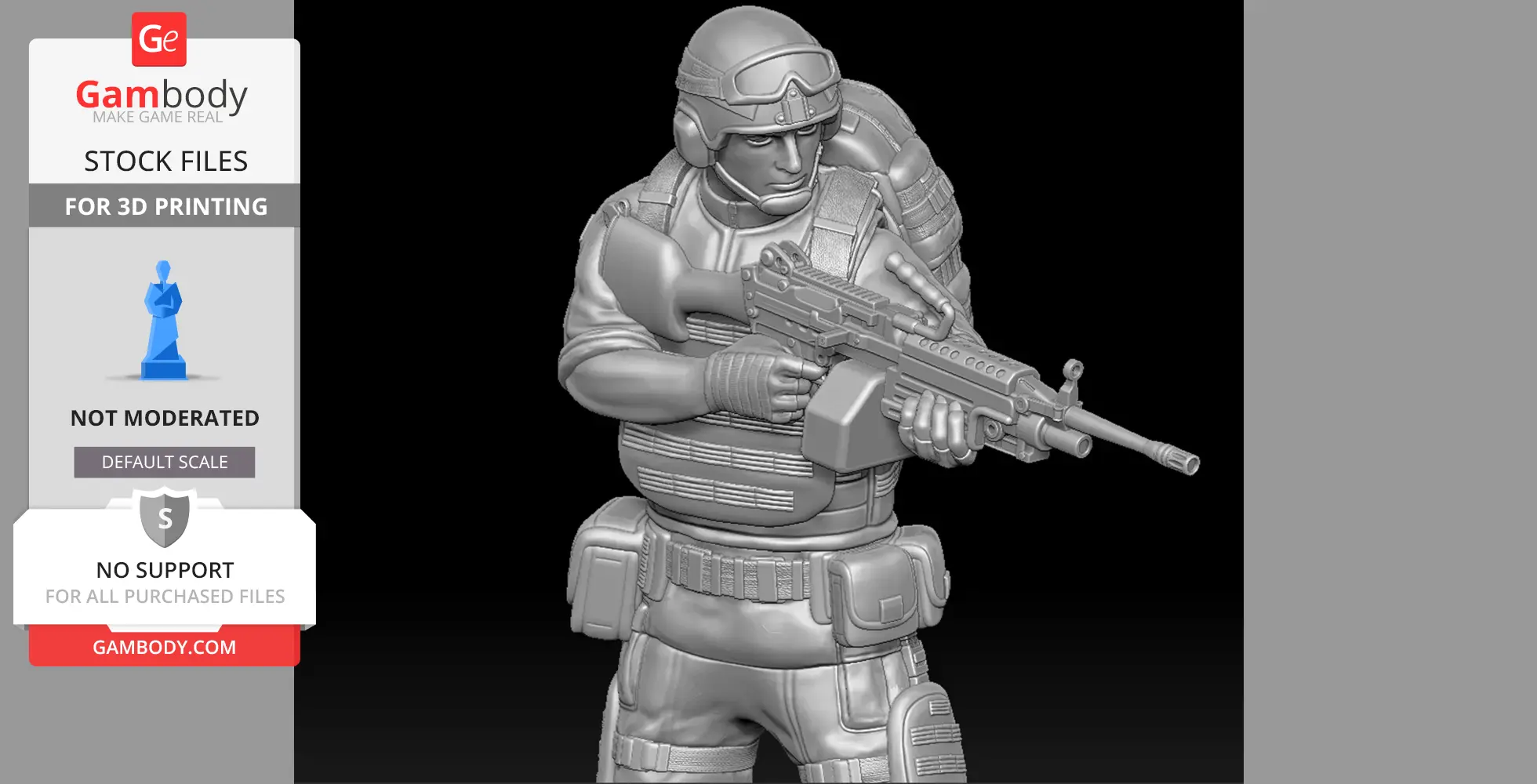 US infantry 3D model holding M249 machine gun, detailed military gear. Ideal for 3D printing.