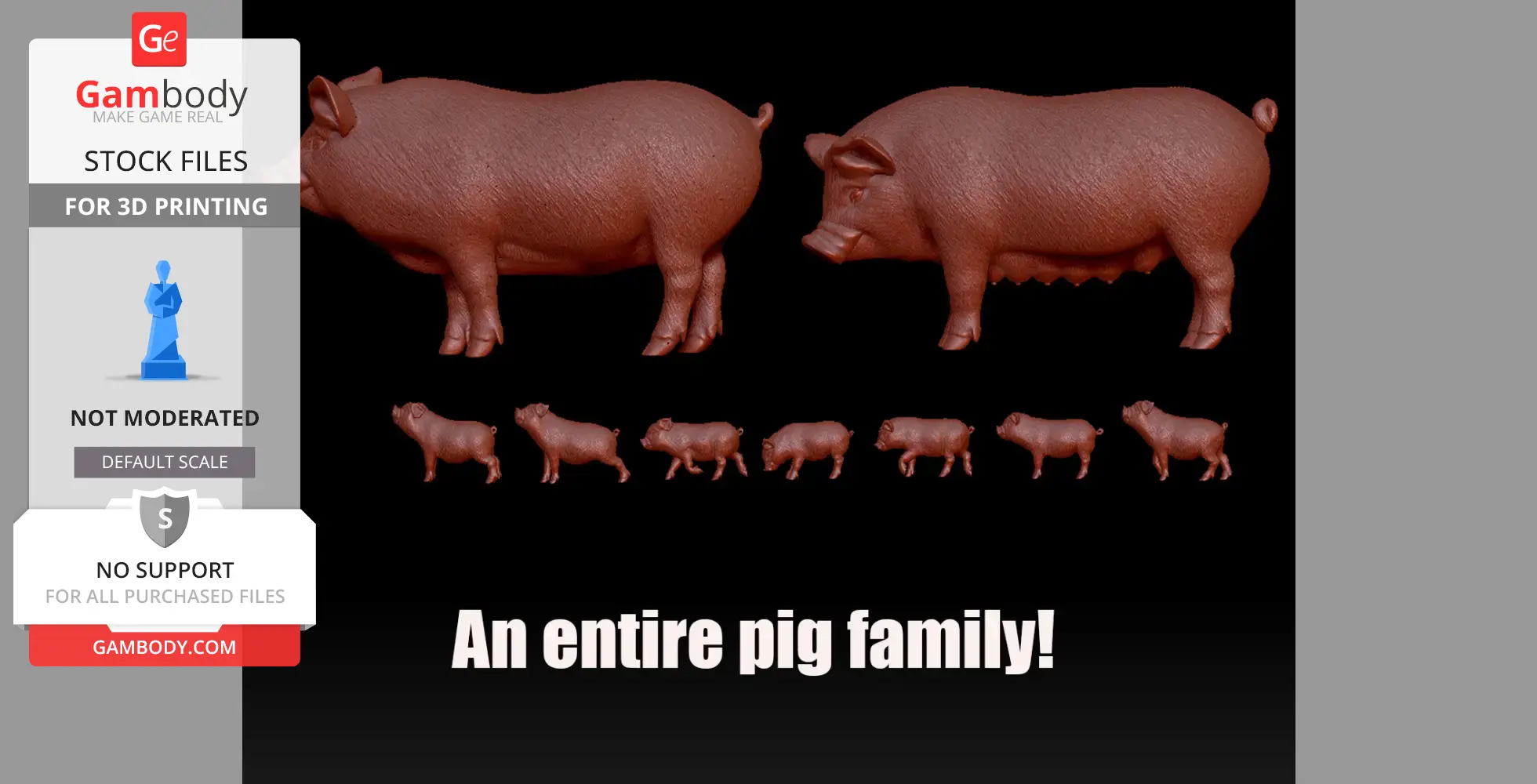 3D printable models of two adult pigs and several piglets, displayed on a black background.