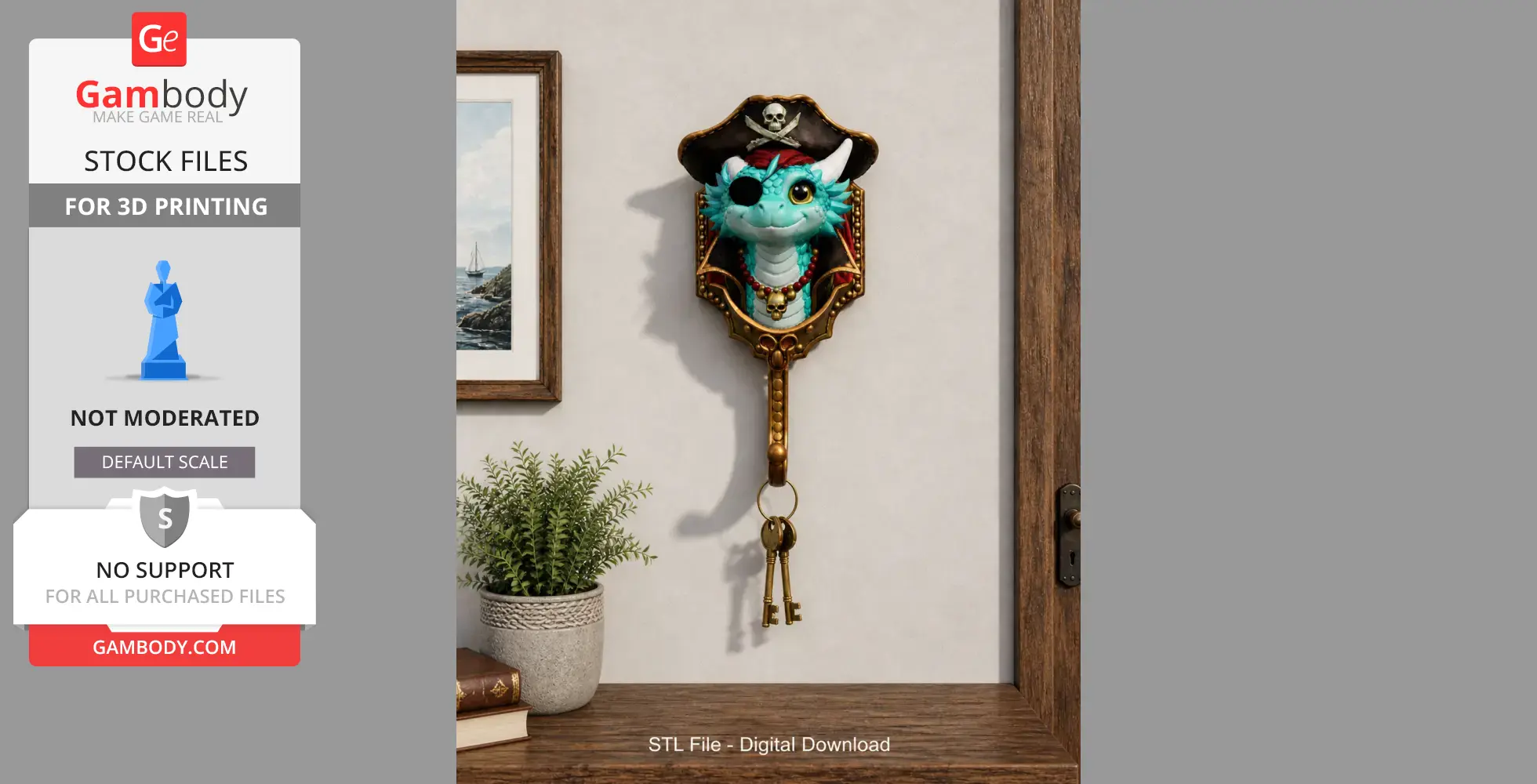 A turquoise dragon head with pirate accessories serves as a key holder on the wall.
