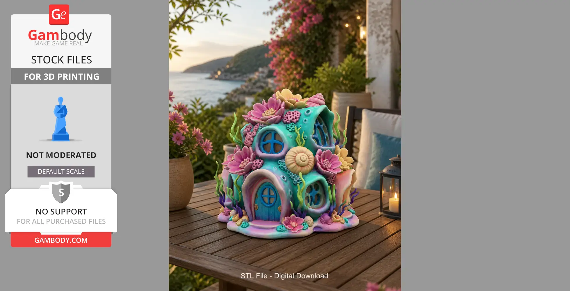 Colorful fantasy underwater cottage adorned with seashells and flowers on a wooden table by the sea.
