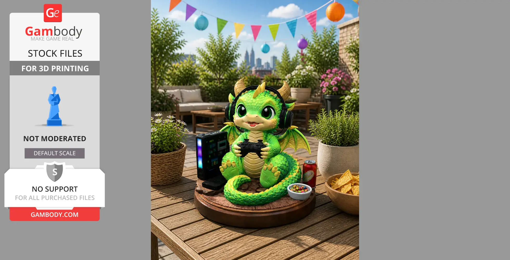 A cute green dragon gaming with a controller and headset, surrounded by plants and snacks on a wooden table.