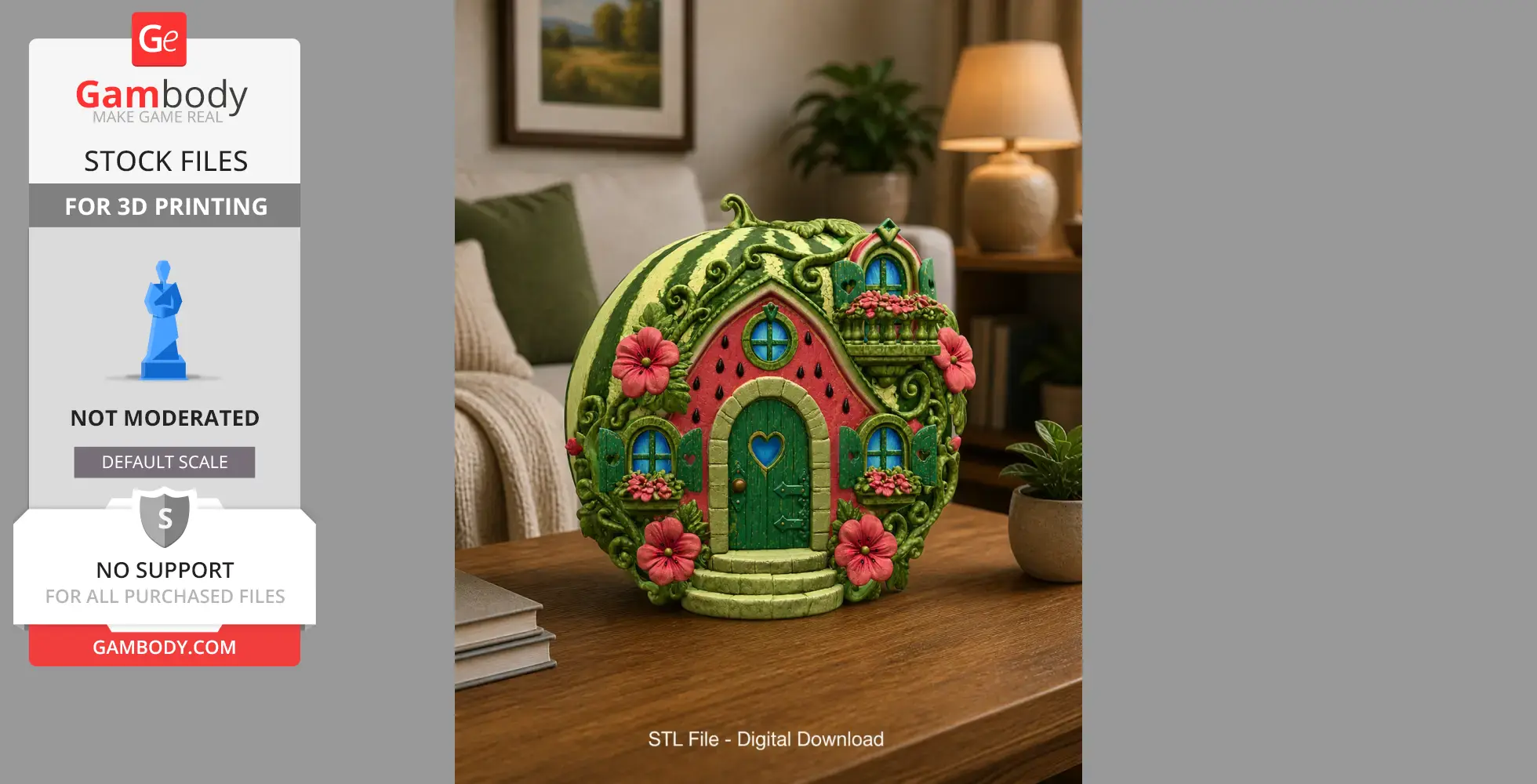 Whimsical fairy house shaped like a watermelon with doors and windows, adorned with pink flowers.