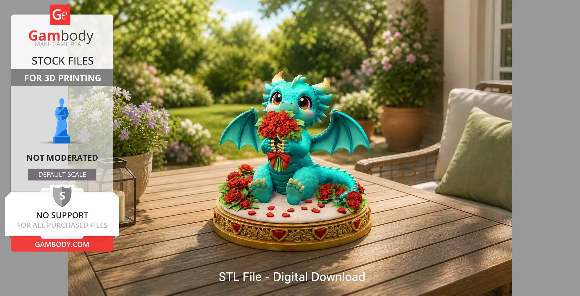 Cute turquoise dragon holding a rose bouquet, seated on a decorated base with hearts.
