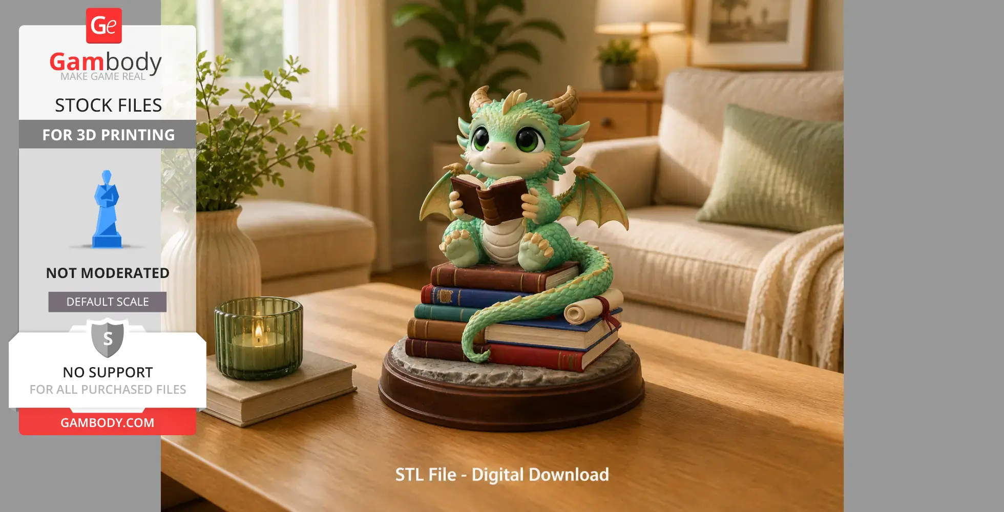 A cute, small dragon reading a book, sitting atop a stack of colorful books.