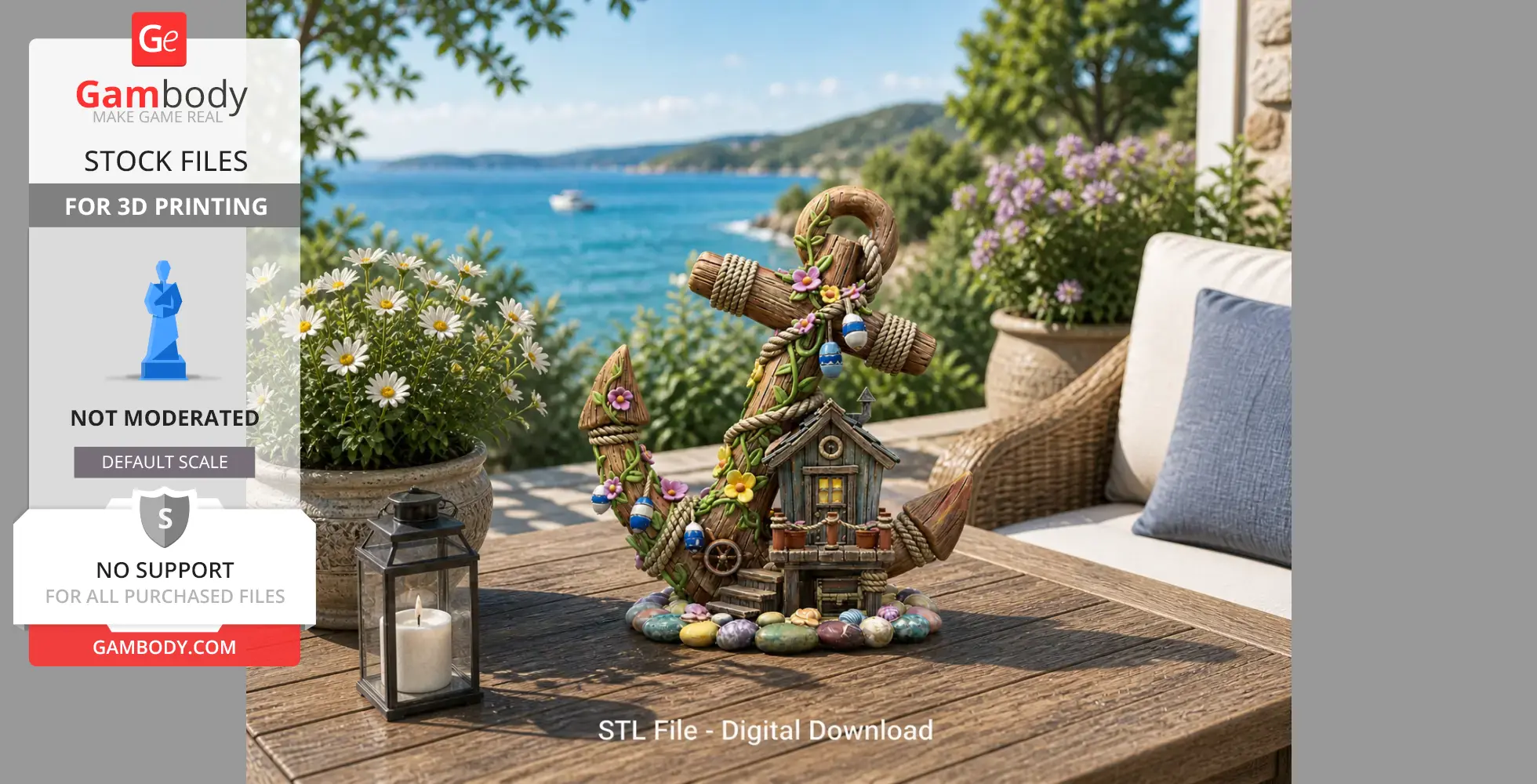 A whimsical miniature house integrated into an anchor adorned with flowers and nautical elements.