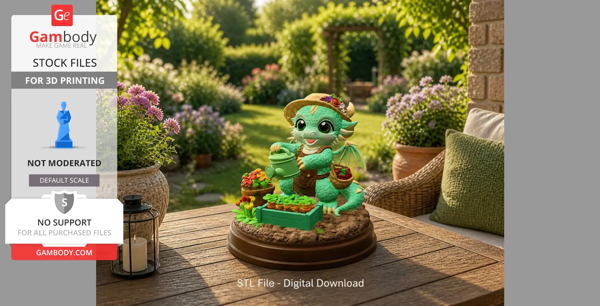 Cute dragon figurine in a farmer outfit, watering plants, on a detailed base.