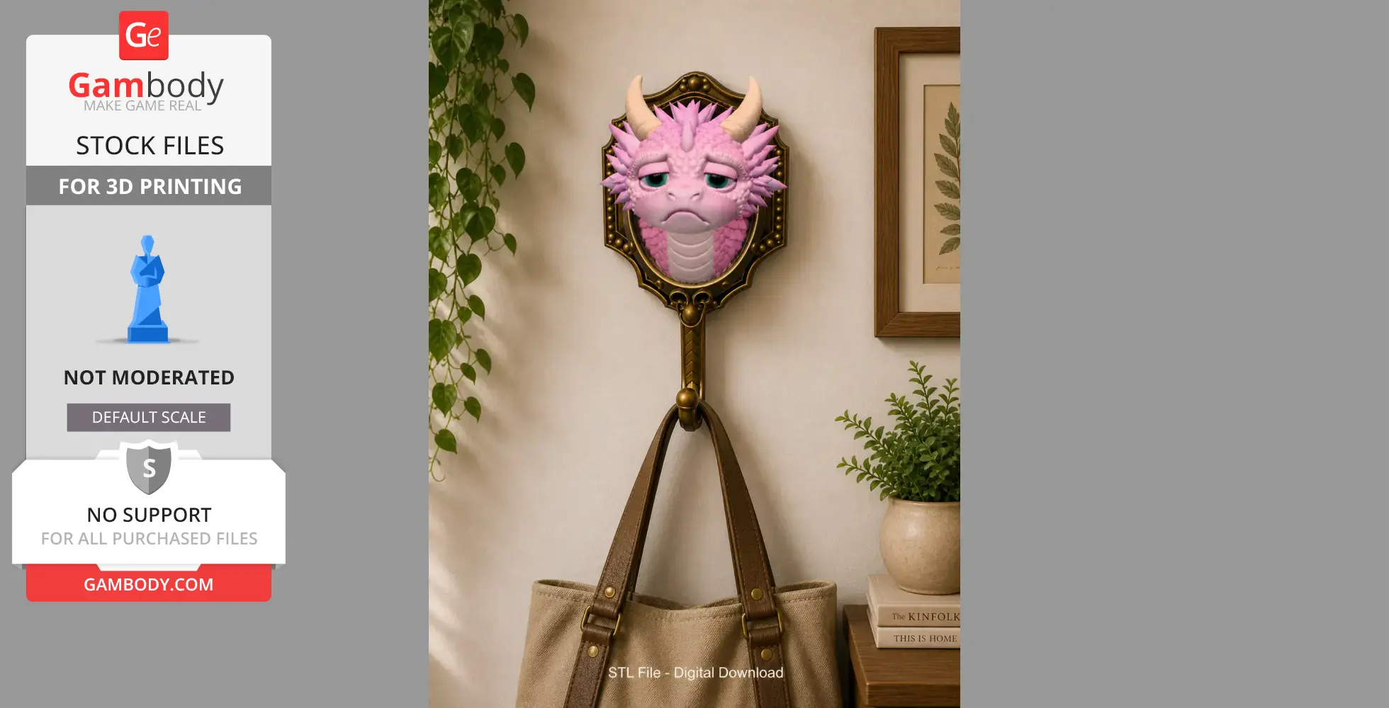 A pink, grumpy dragon head wall hook holding a brown bag, surrounded by plants and wall decor.