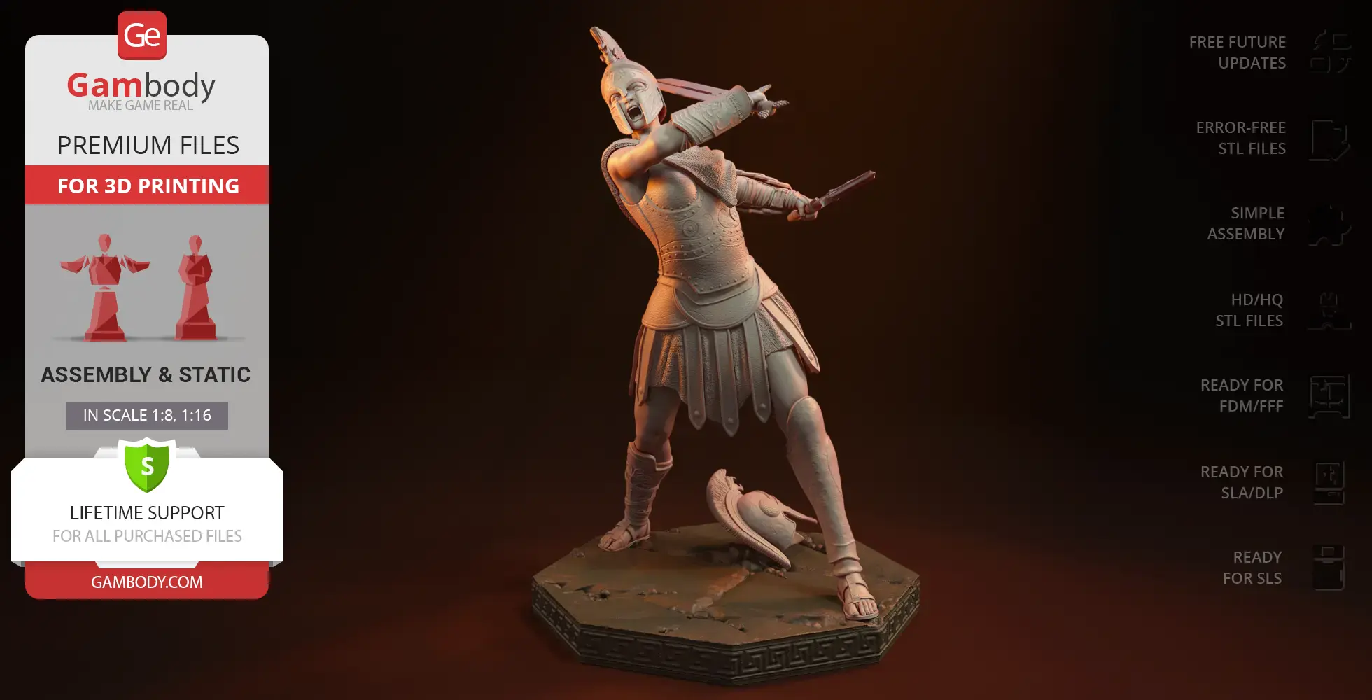 A warrior in ancient armor poses dynamically, with a helmet on the ground, ready for 3D printing.
