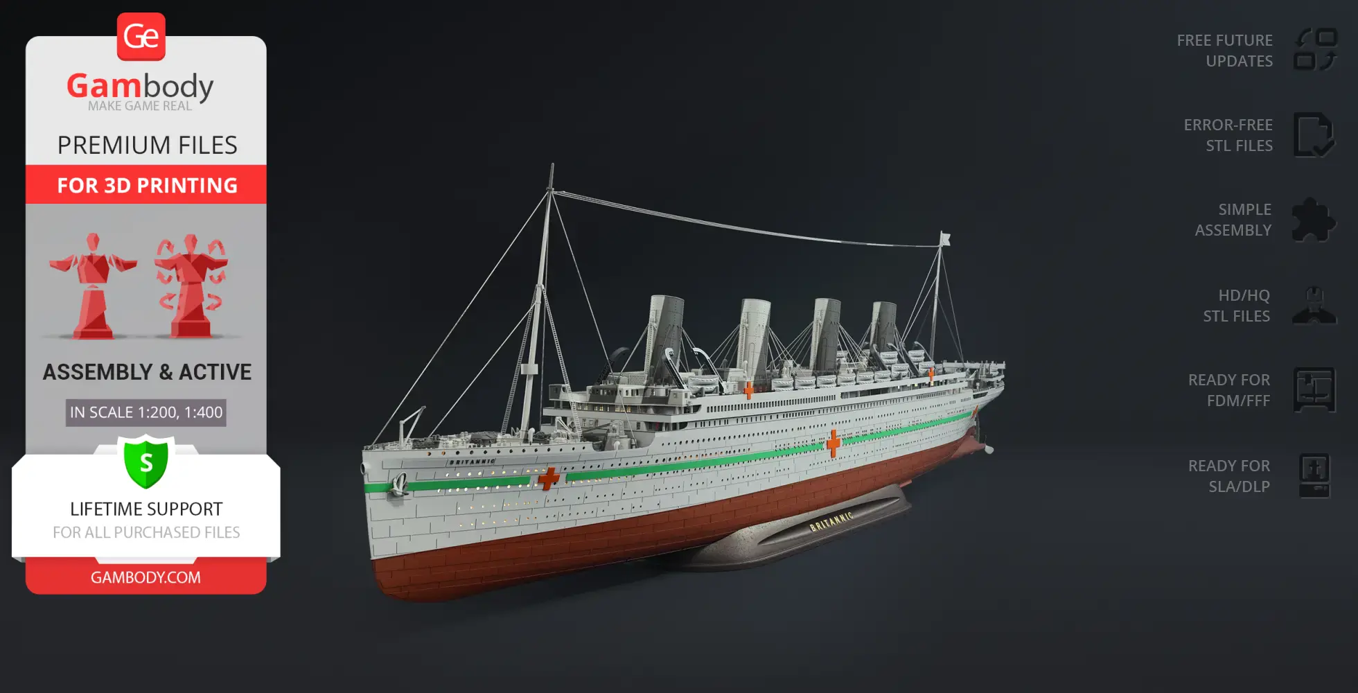3D model of HMHS Britannic ship, featuring detailed design, ready for 3D printing on Gambody.