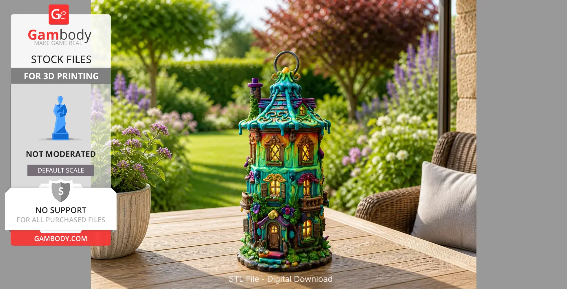A colorful fantasy lantern house model with intricate details, set on an outdoor table against a garden backdrop.