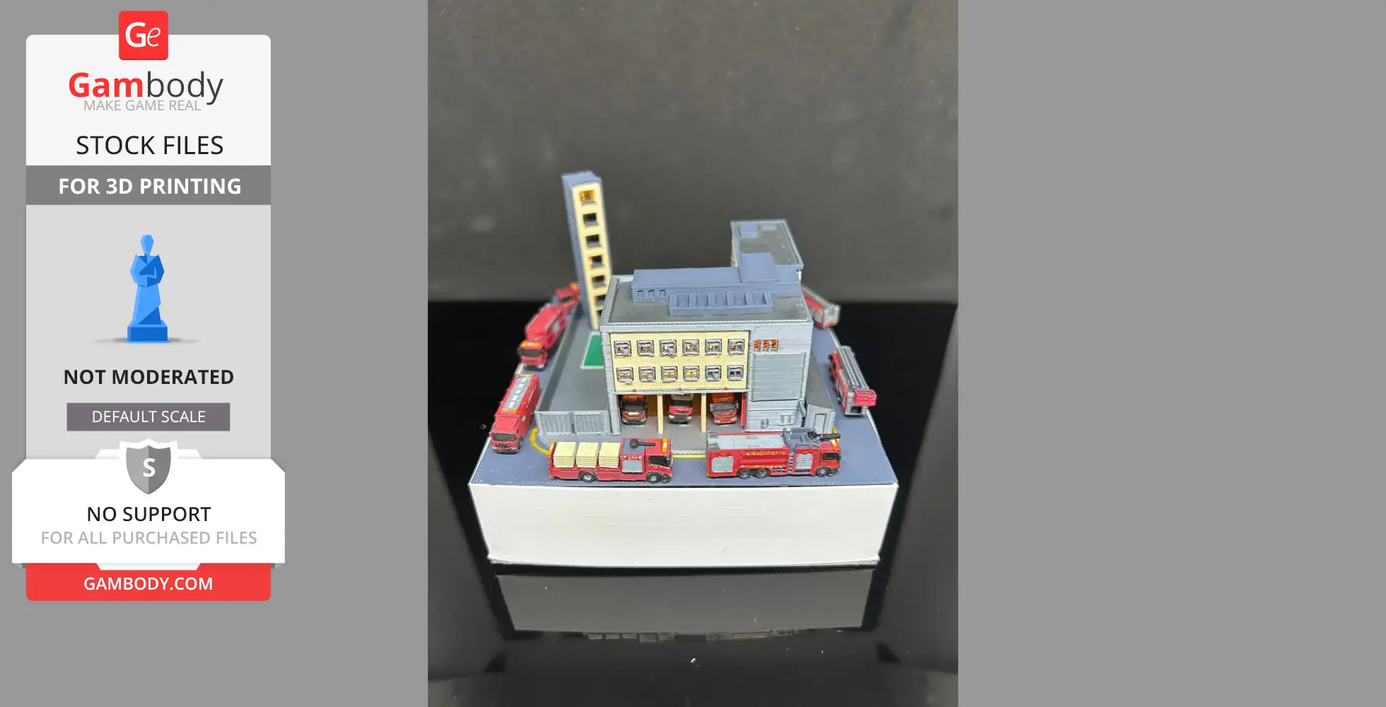 3D model of a Hong Kong fire station with red fire trucks on a display base.