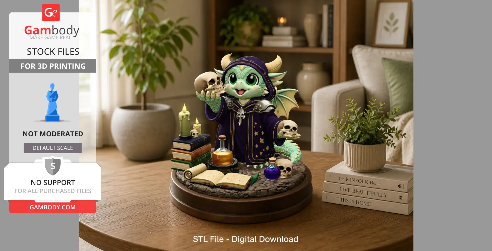 A cute, robed dragon holding a skull, surrounded by books and magical items on a table.