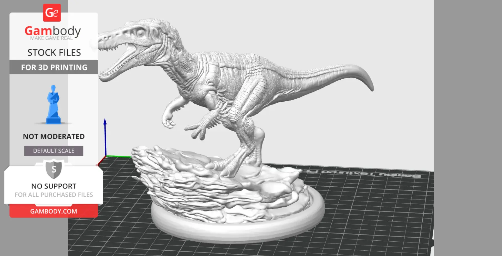 A detailed 3D model of a Baryonyx dinosaur on a textured base, ready for 3D printing.
