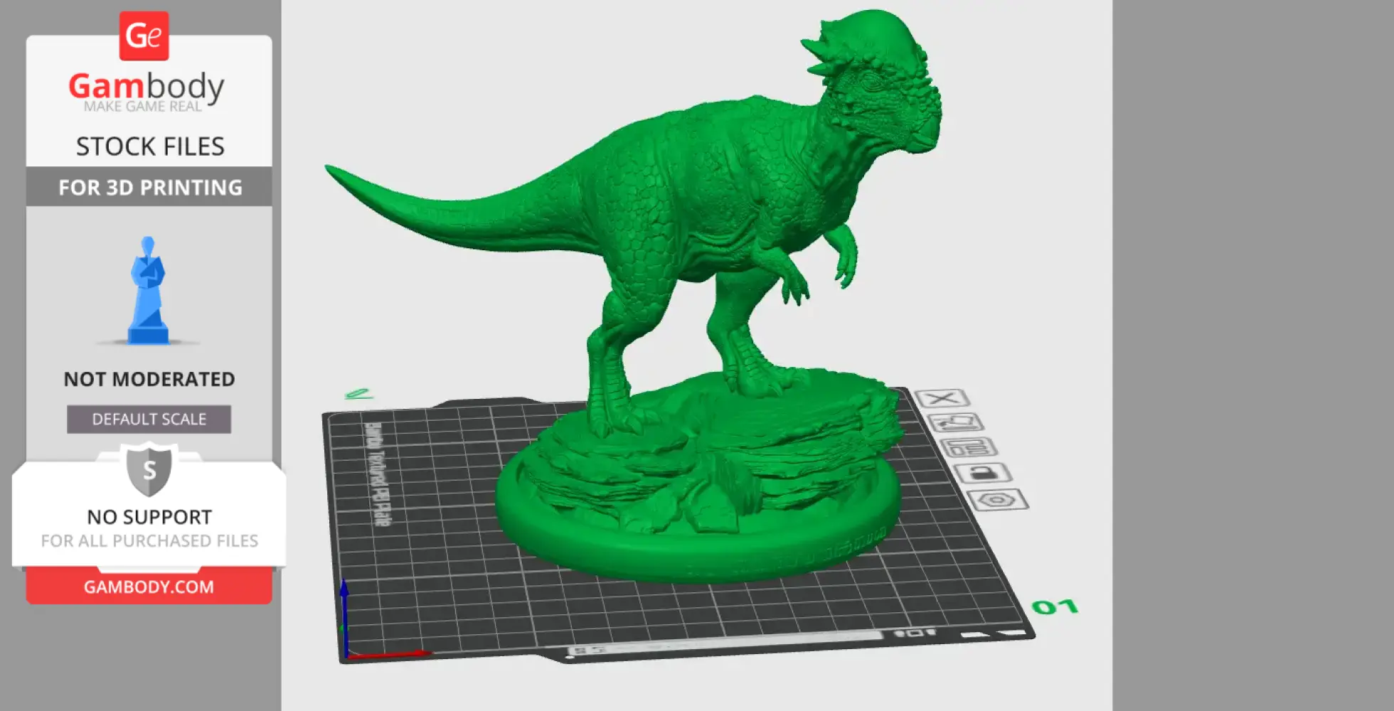 Green Pachycephalosaurus statue STL file for 3D printing on a digital display grid.