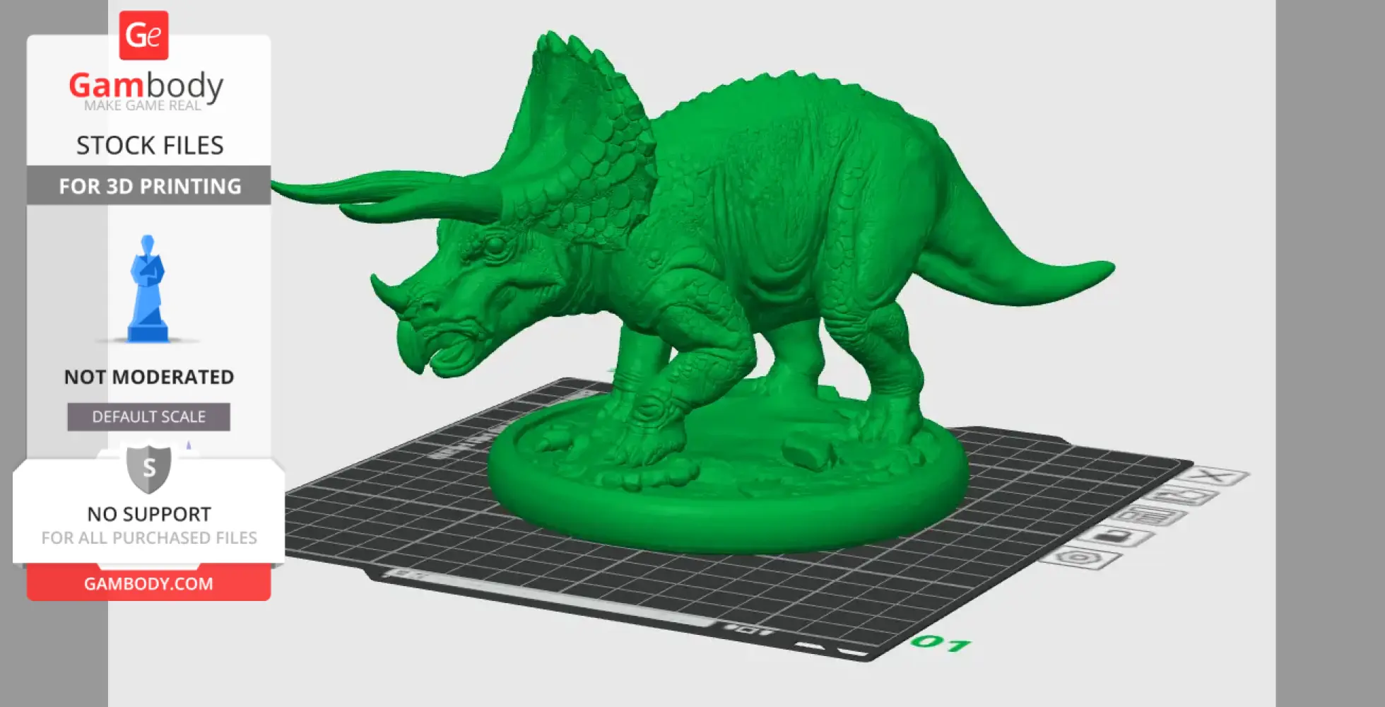 Green 3D model of a triceratops on a display platform, ready for 3D printing.