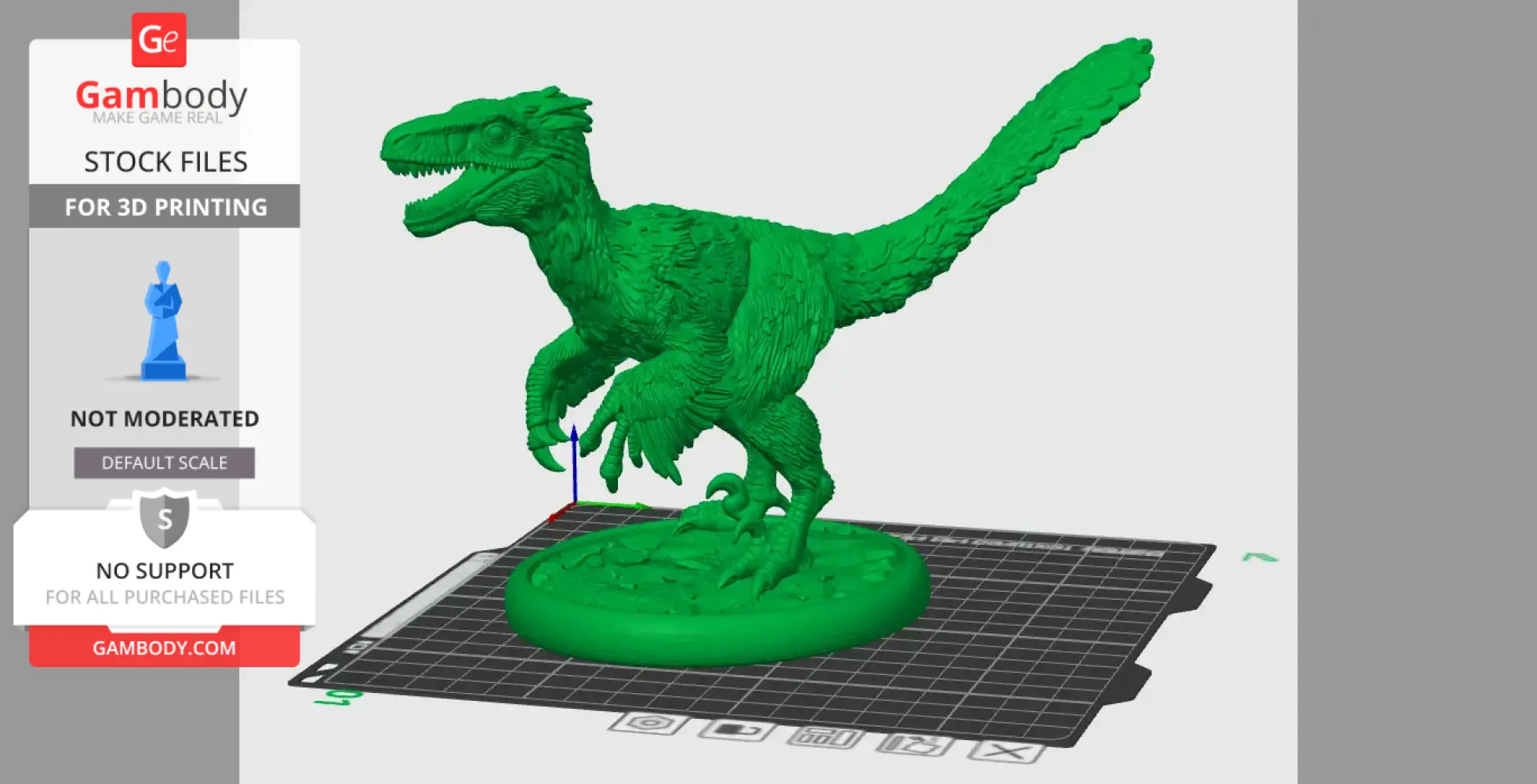 A 3D model of a Deinonychus dinosaur standing on a base, designed for 3D printing.