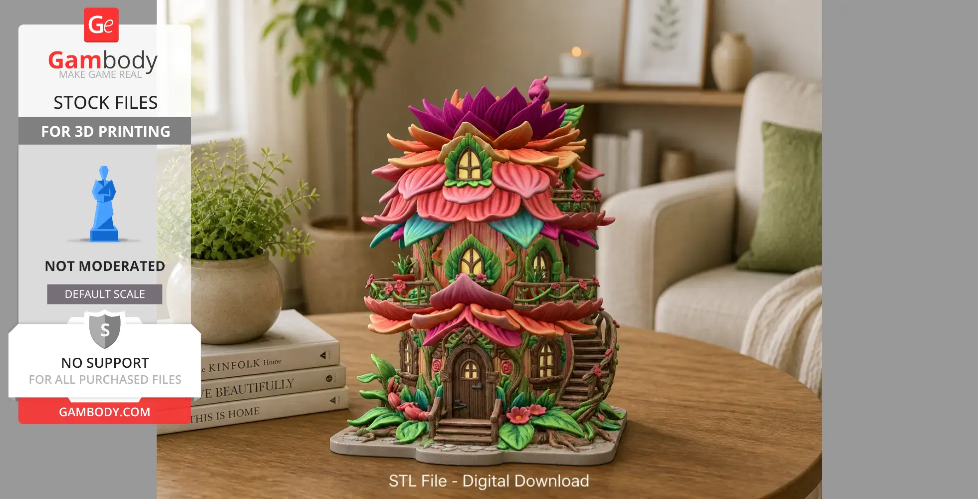 A vibrant, flower-petal-roofed fairytale cottage model, surrounded by lush greenery.