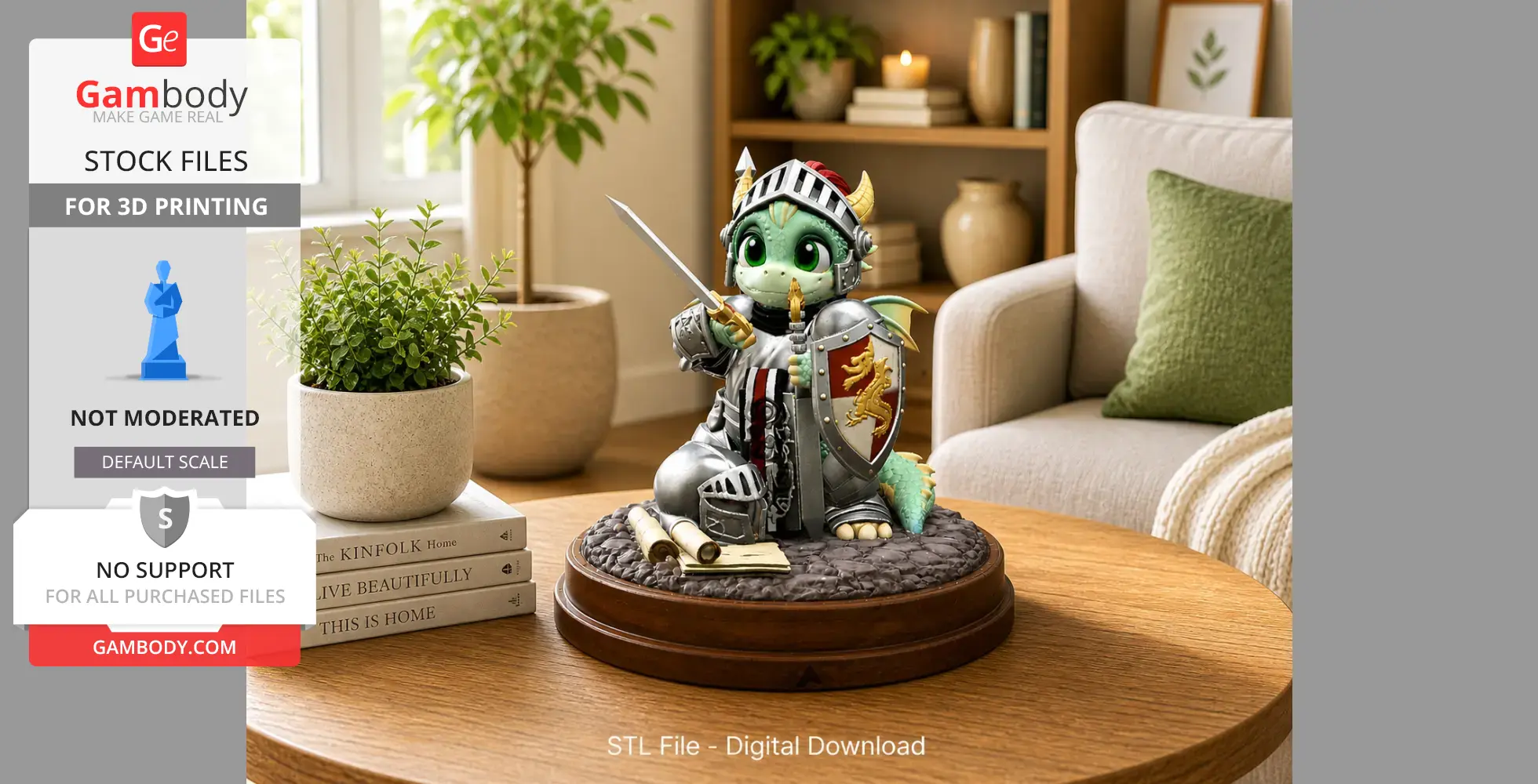 A cute dragon figurine in knight armor with a sword and shield, standing on a decorative base.