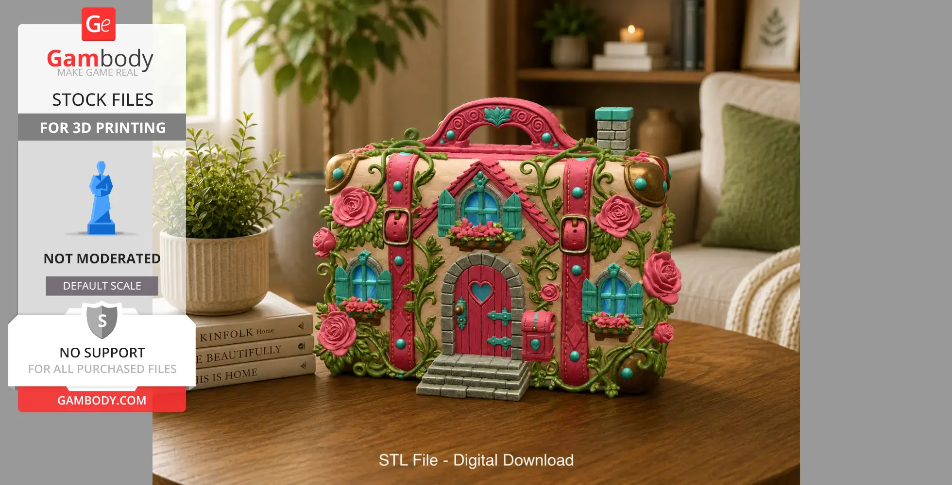 A whimsical suitcase house with floral and vine details, featuring windows and a chimney in a cozy setting.
