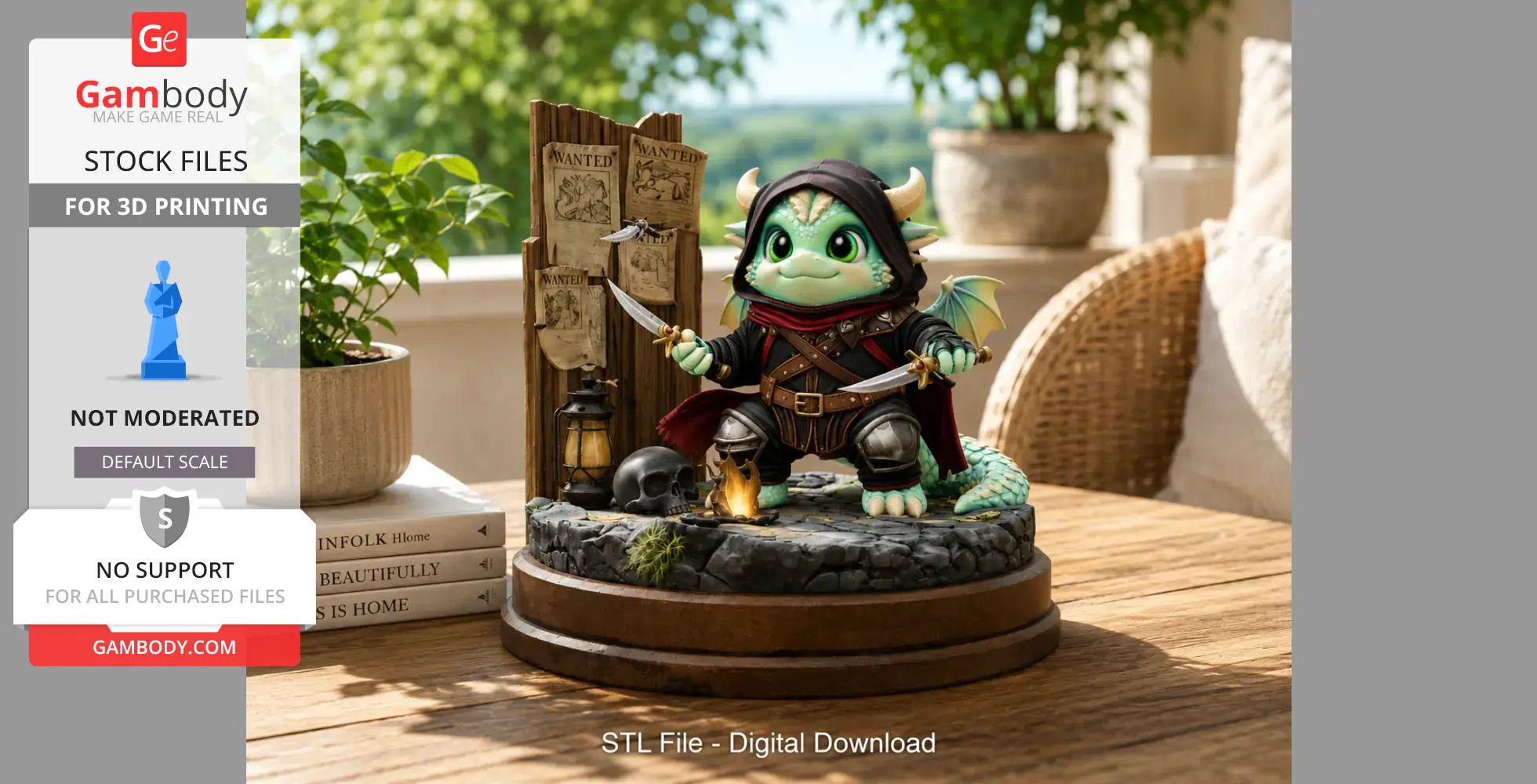 A small, armored dragon with daggers stands on a stone base, near wanted posters and a skull.