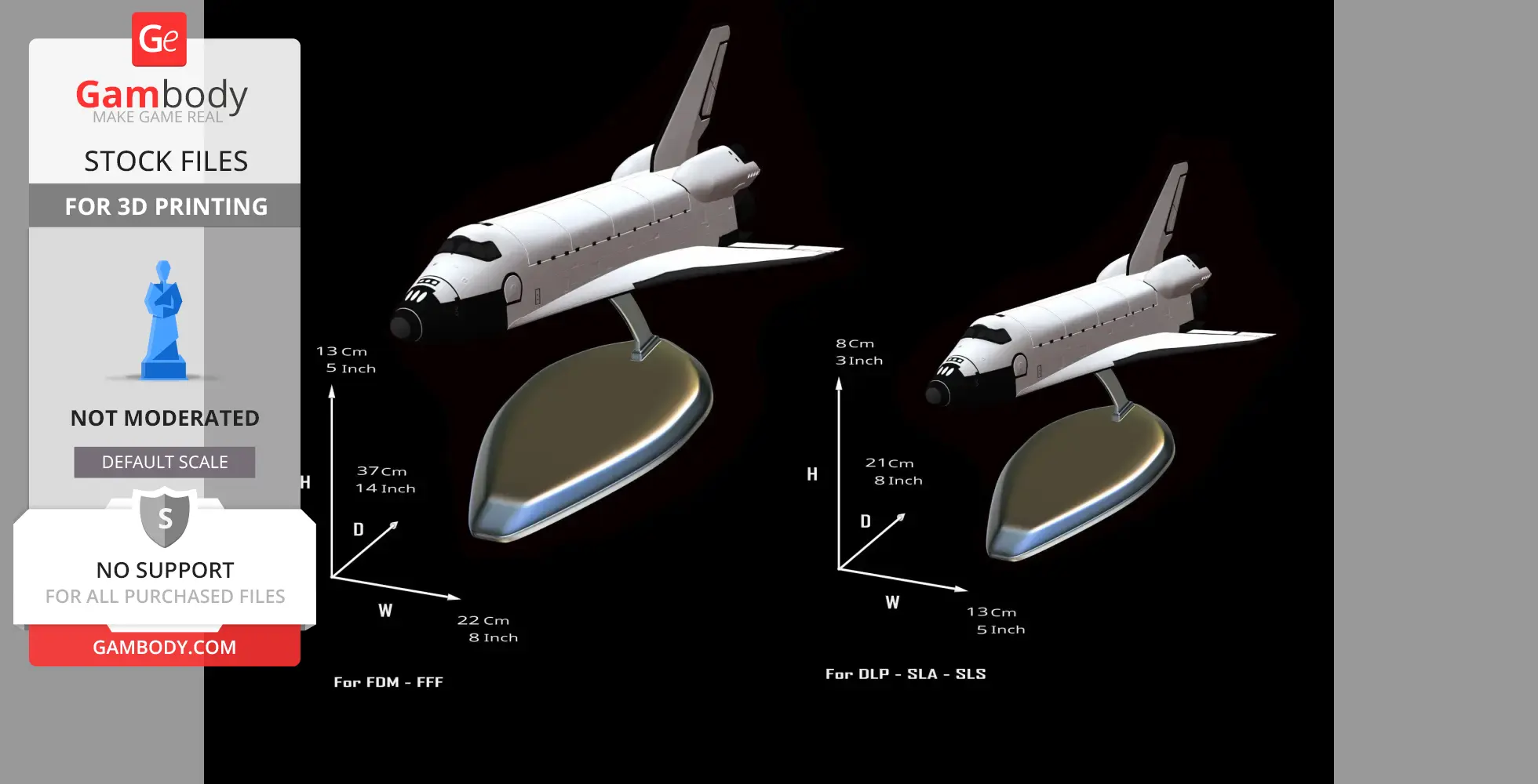 3D model of a space shuttle with pedestal, available in two sizes for 3D printing.