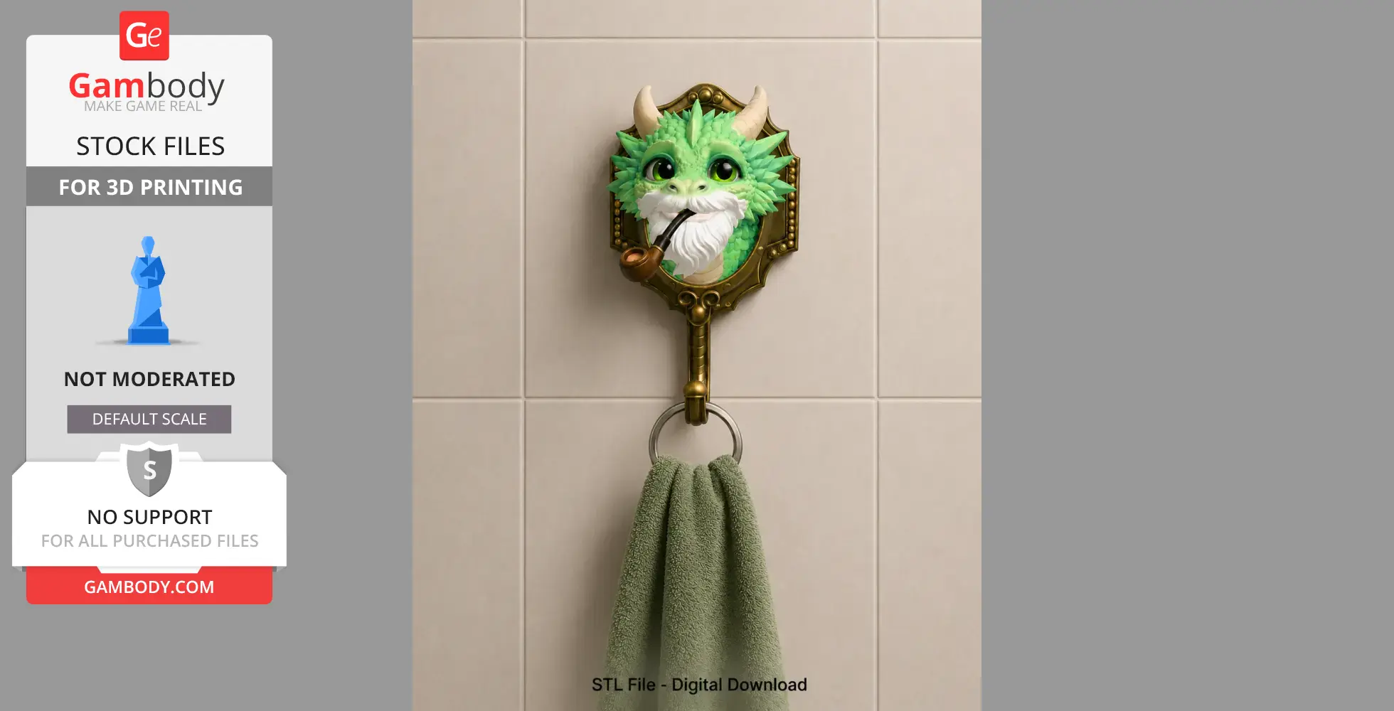 A green dragon wall hook with horns and a pipe holds a towel on a tiled wall.