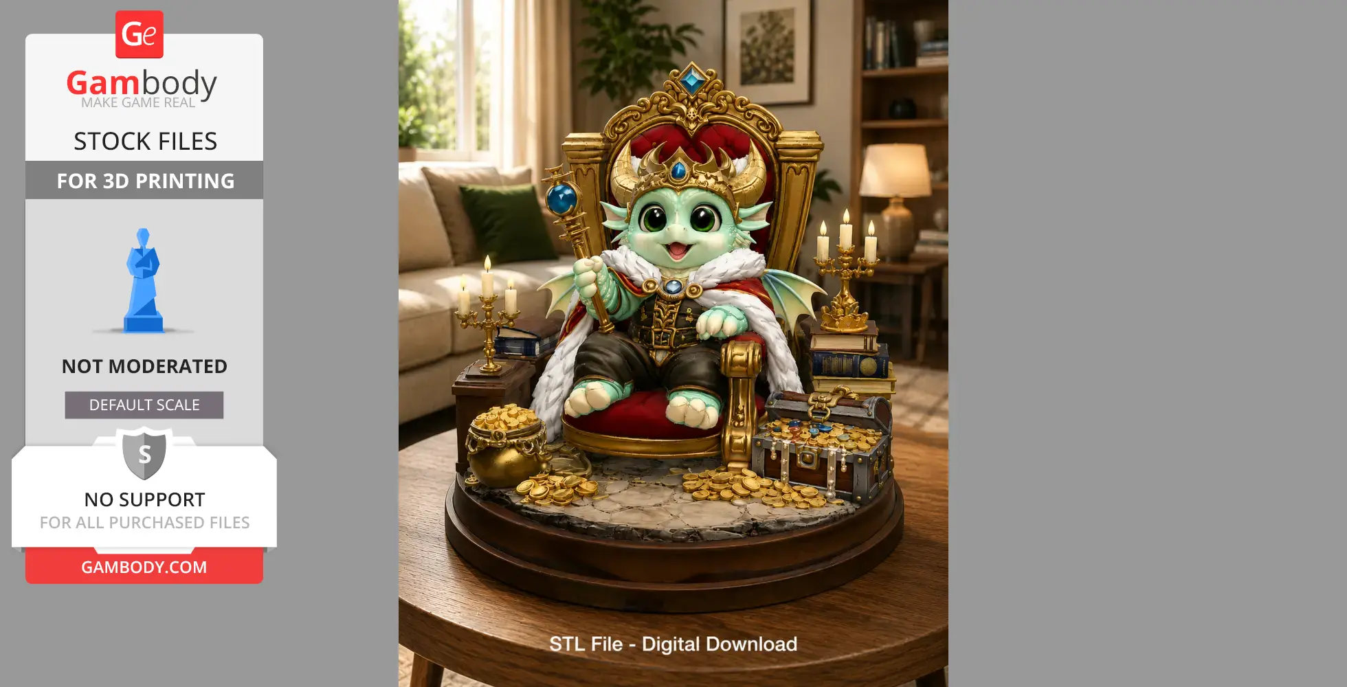 Cute dragon in regal attire, seated on a throne surrounded by treasures, books, and candles.