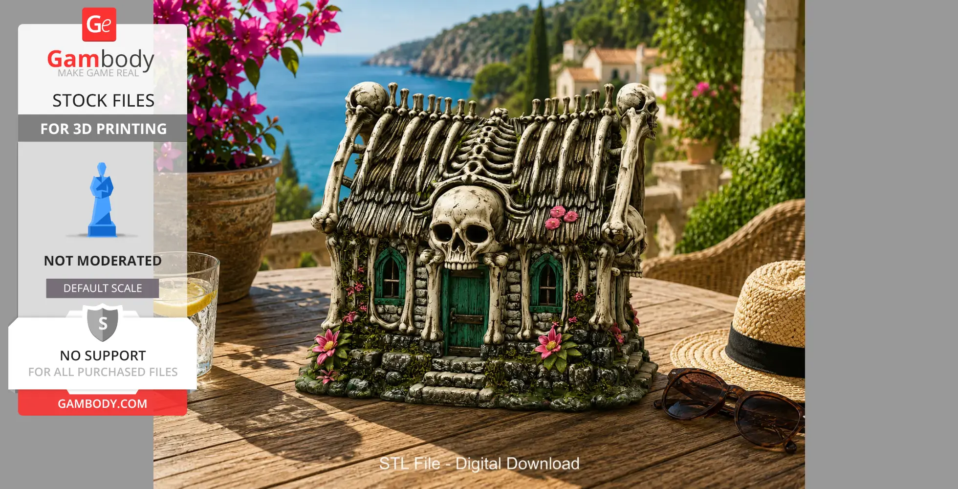 A detailed Gothic-style house model with bone and skull elements, adorned with pink flowers.