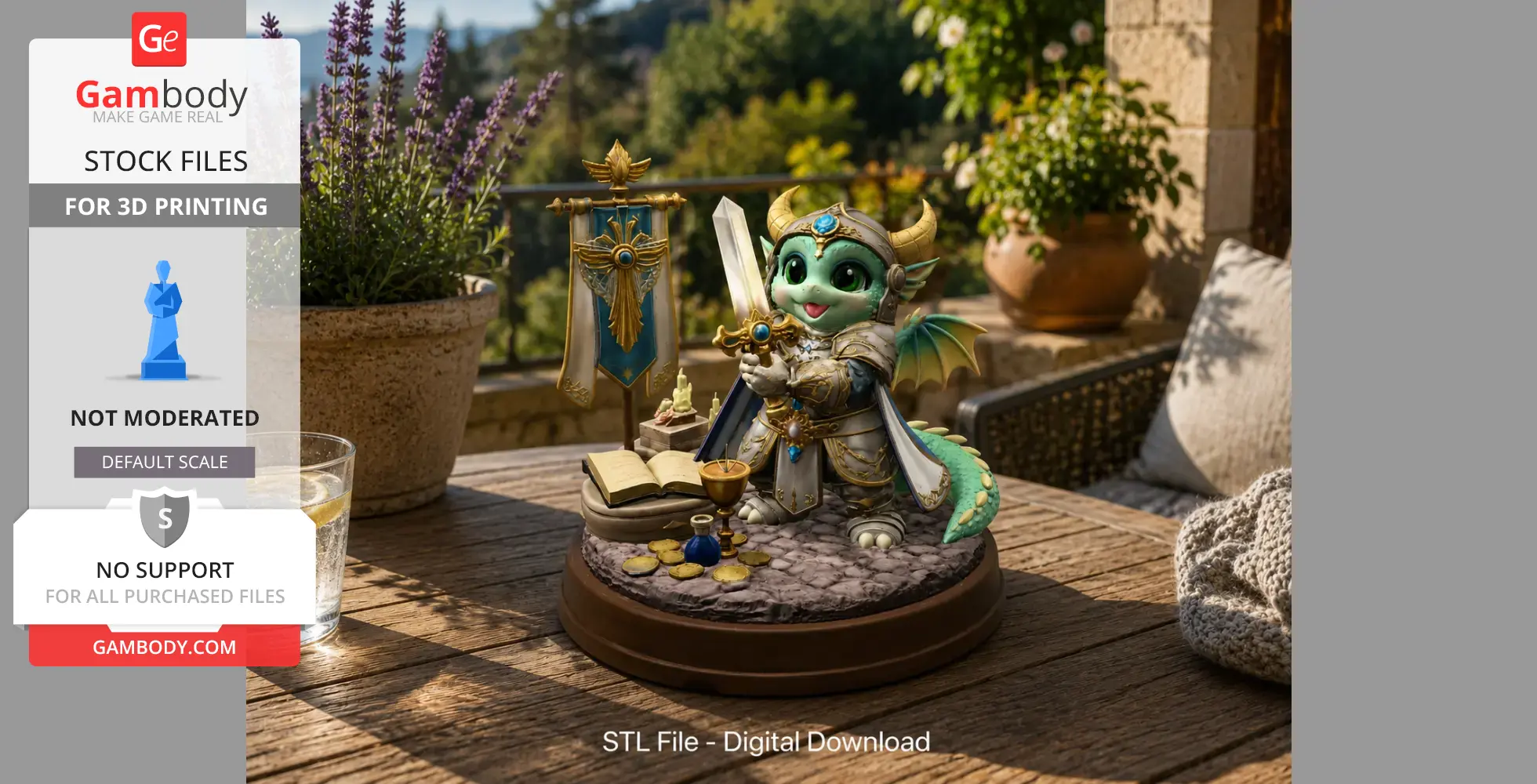 A cute dragon knight holds a sword, wears armor, and stands by a book and banner on a detailed base.