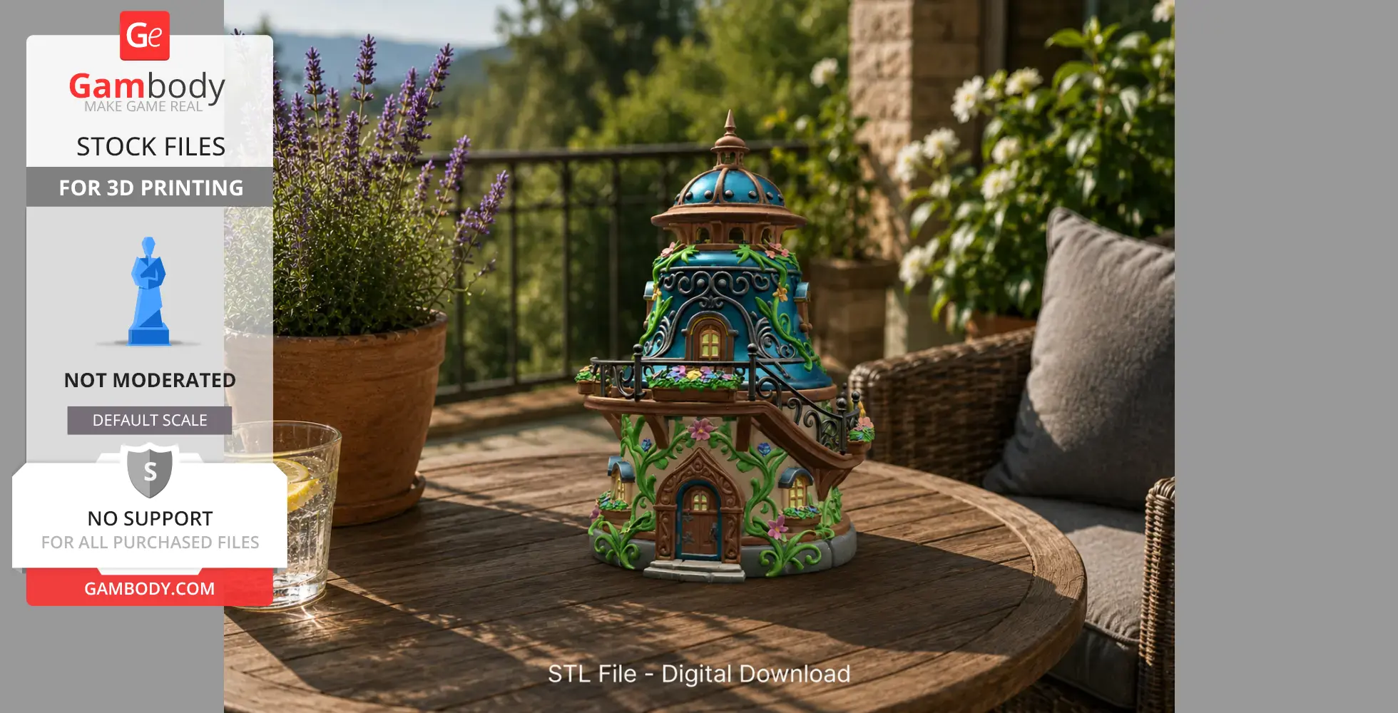 A detailed, colorful fantasy bell tower house model on a wooden table, surrounded by plants.