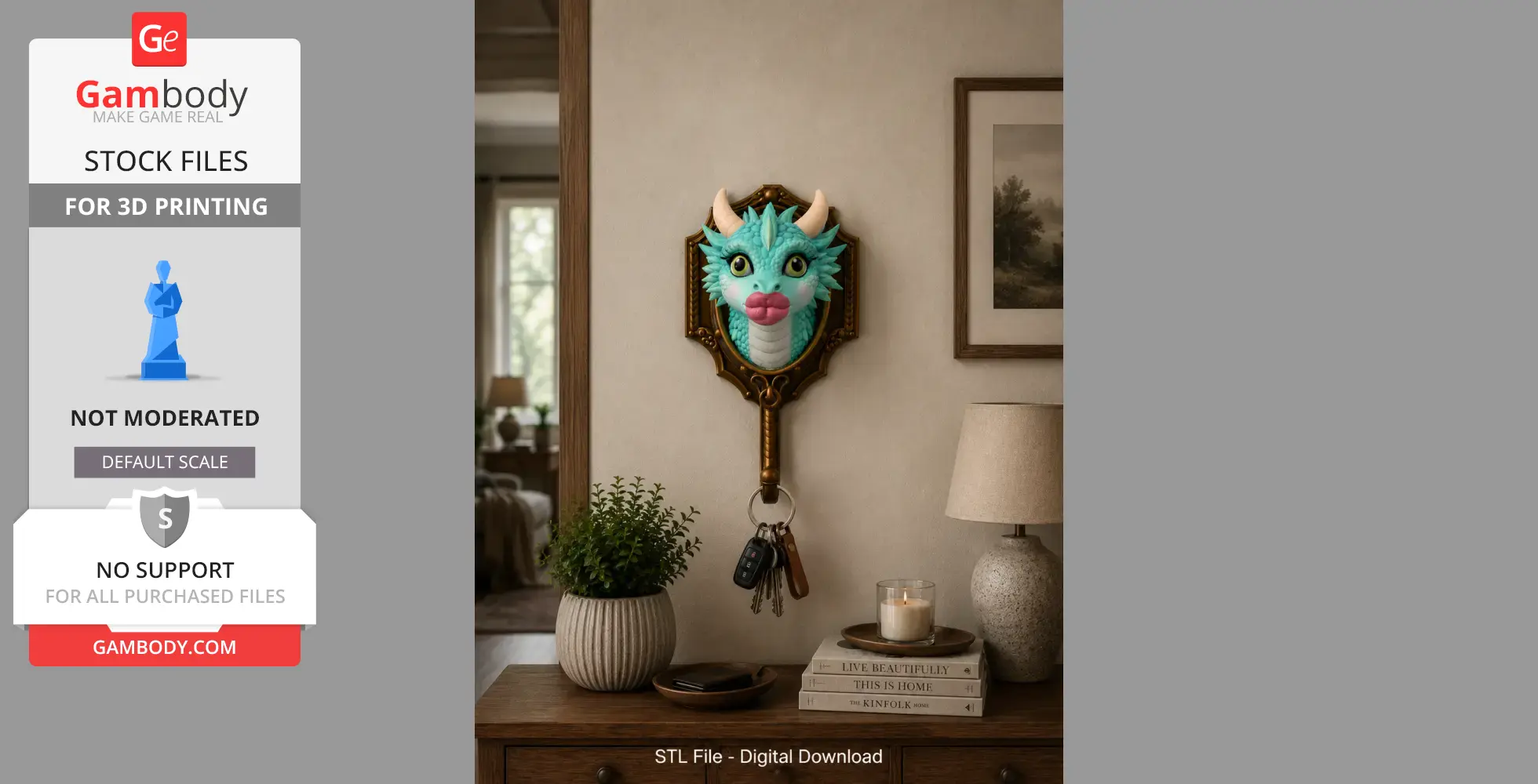 A whimsical blue dragon head wall hook with keys hanging from its mouth, mounted on a decorative plaque.