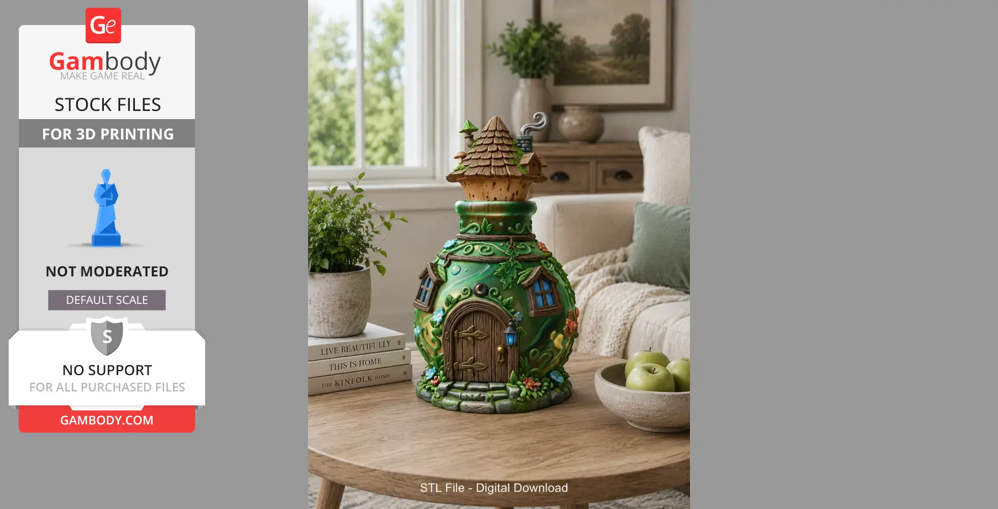 A whimsical, green mushroom-shaped house with a wooden door and windows, set in a cozy living room scene.