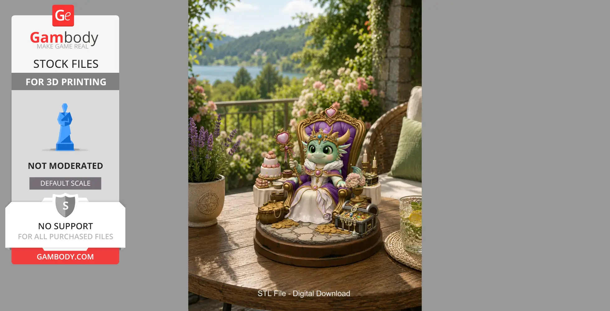 A cute dragon queen sits on a throne, holding a scepter, surrounded by treasures and cakes in a garden setting.