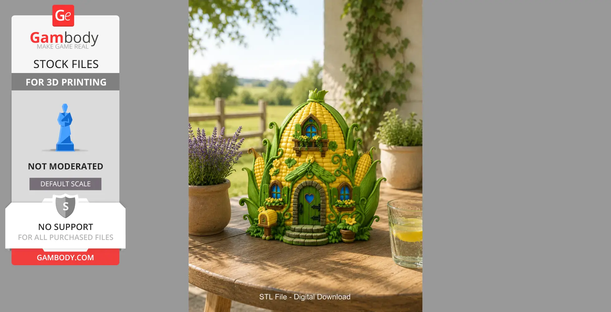 Whimsical corn-shaped cottage model with green leaves and colorful windows on a wooden table.