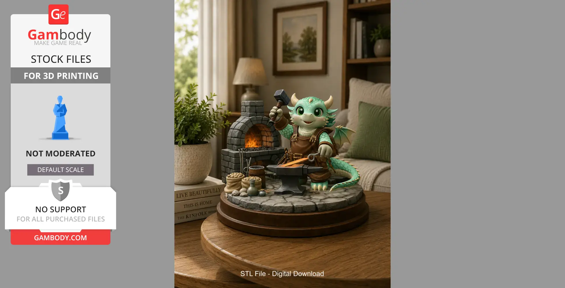 Cute dragon blacksmith with hammer at anvil, surrounded by forge and tools. Cozy, detailed 3D model.