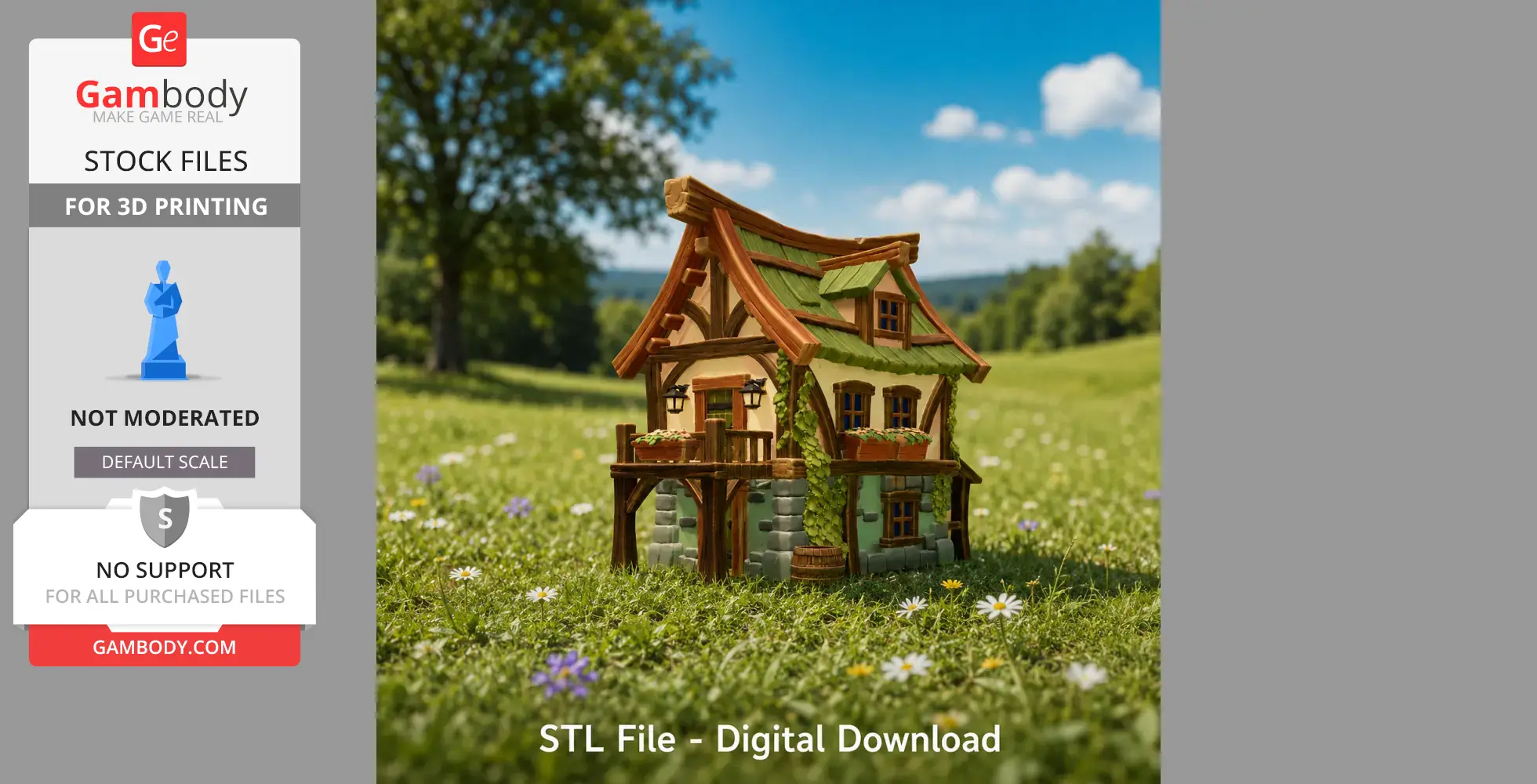A charming, small fairy-tale cottage with ivy, wooden beams, and a green roof on a grassy field.