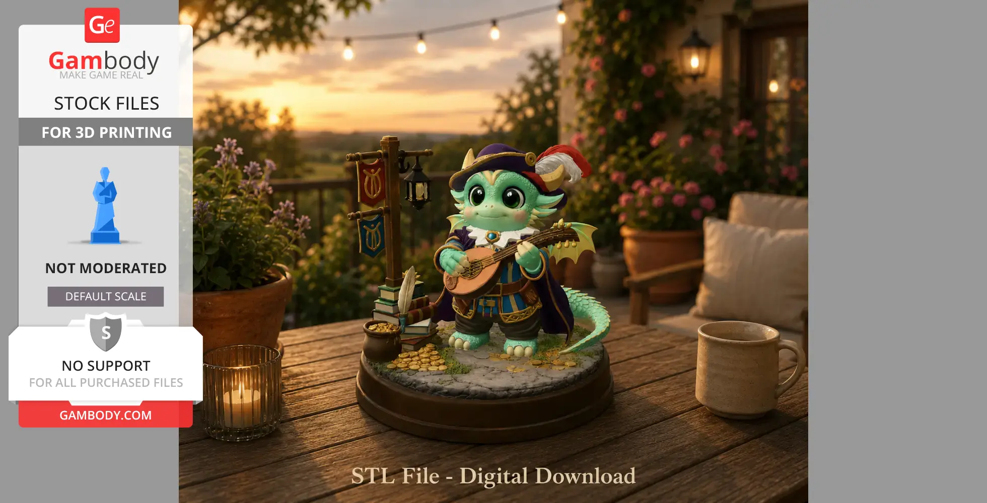 A cute dragon bard with a lute, wearing a hat and cape, stands on a decorated base with books and coins.