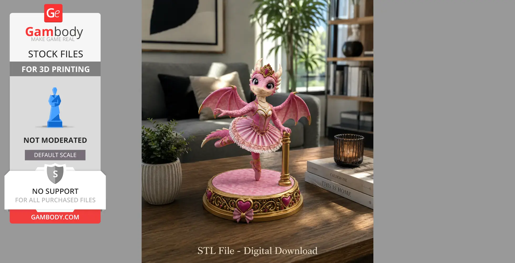 Pink dragon in a ballet dress poses elegantly on a decorative round base.