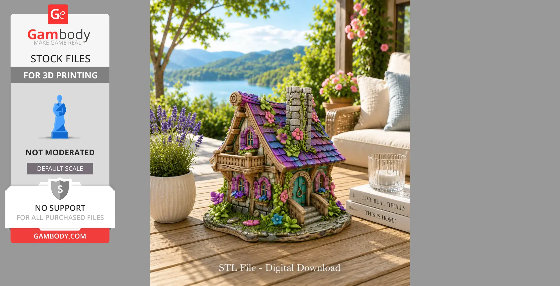 A detailed miniature cottage with colorful flowers and a stone chimney, set on a wooden table by a lake.